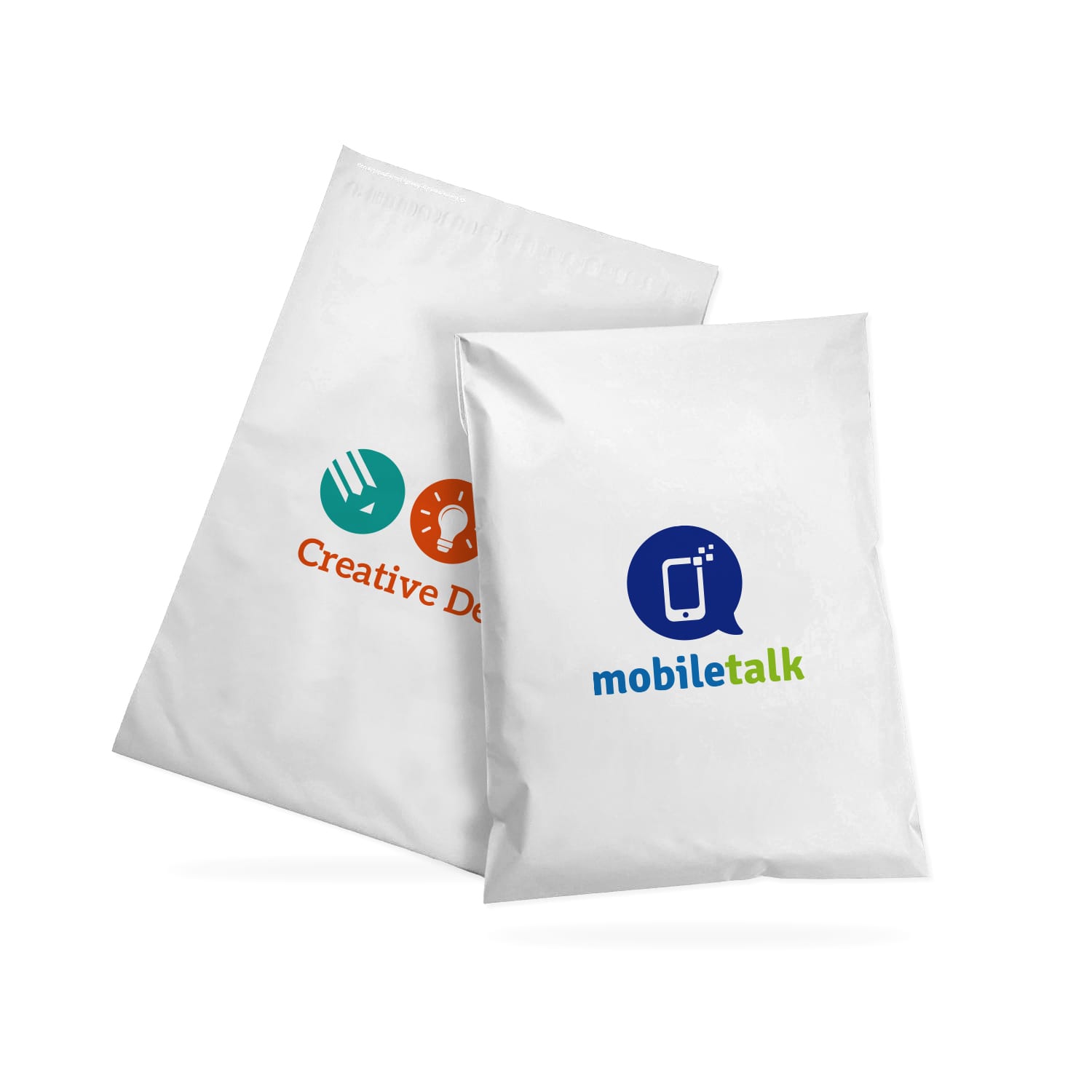 Two white biodegradable mailer bags of varying sizes, featuring colourful logos on the front. Biodegradable Mailer Bag (Extra Large) - Image 1