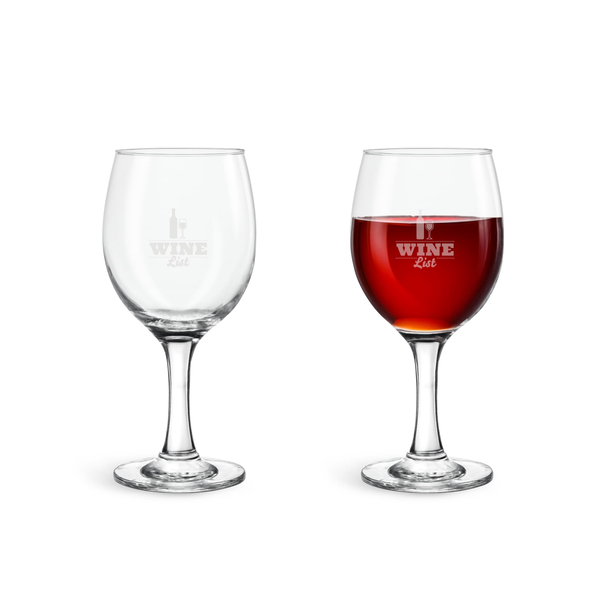 A casual wine glass set featuring one clear glass and one filled with red wine, both with a logo. Casual Wine Glass - Image 1