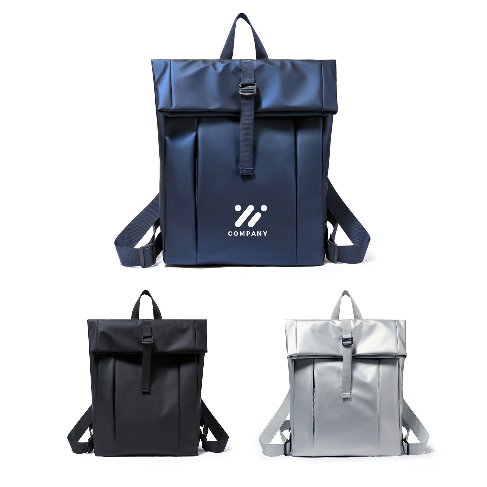 A tarpaulin roll top backpack in navy, black, and silver, featuring adjustable straps and a logo. Tarpaulin Roll Top Backpack - Image 1