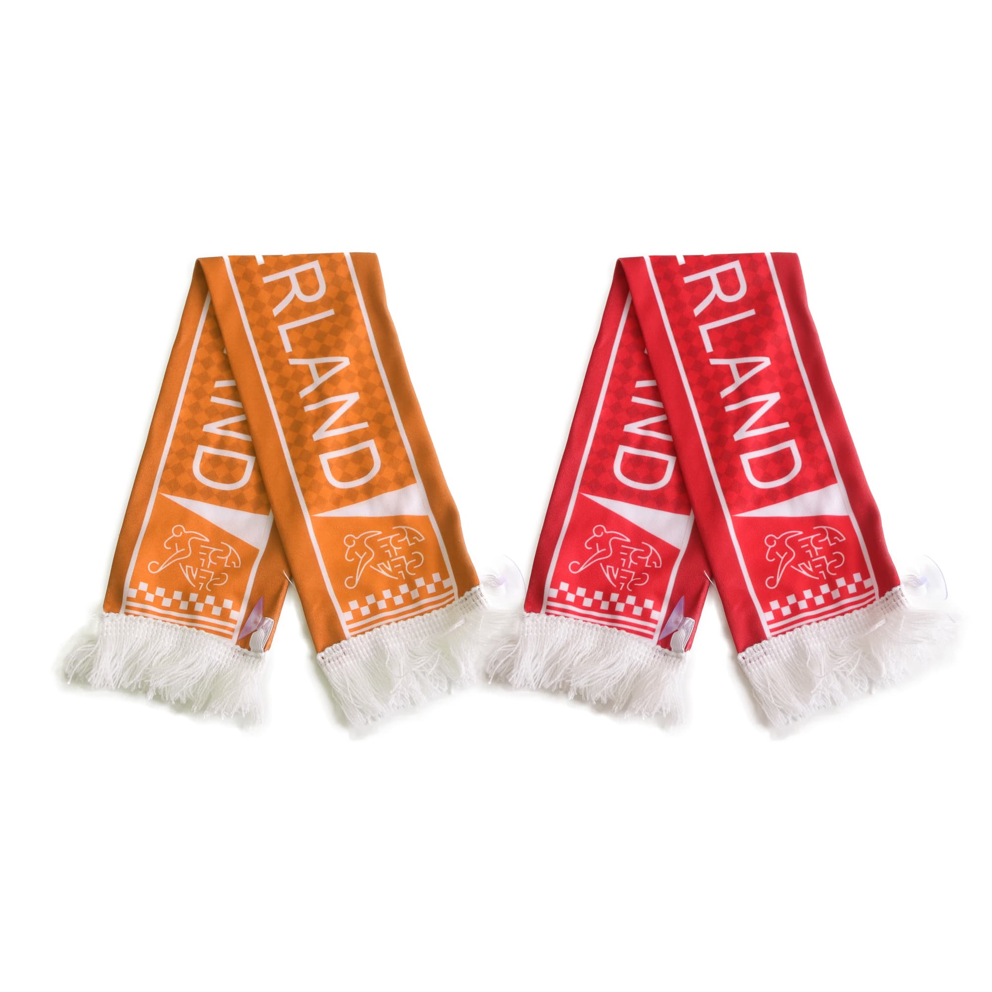 Two scarves in orange and red with white fringing, featuring a logo and text design. Suction Cap Scarf - Image 1
