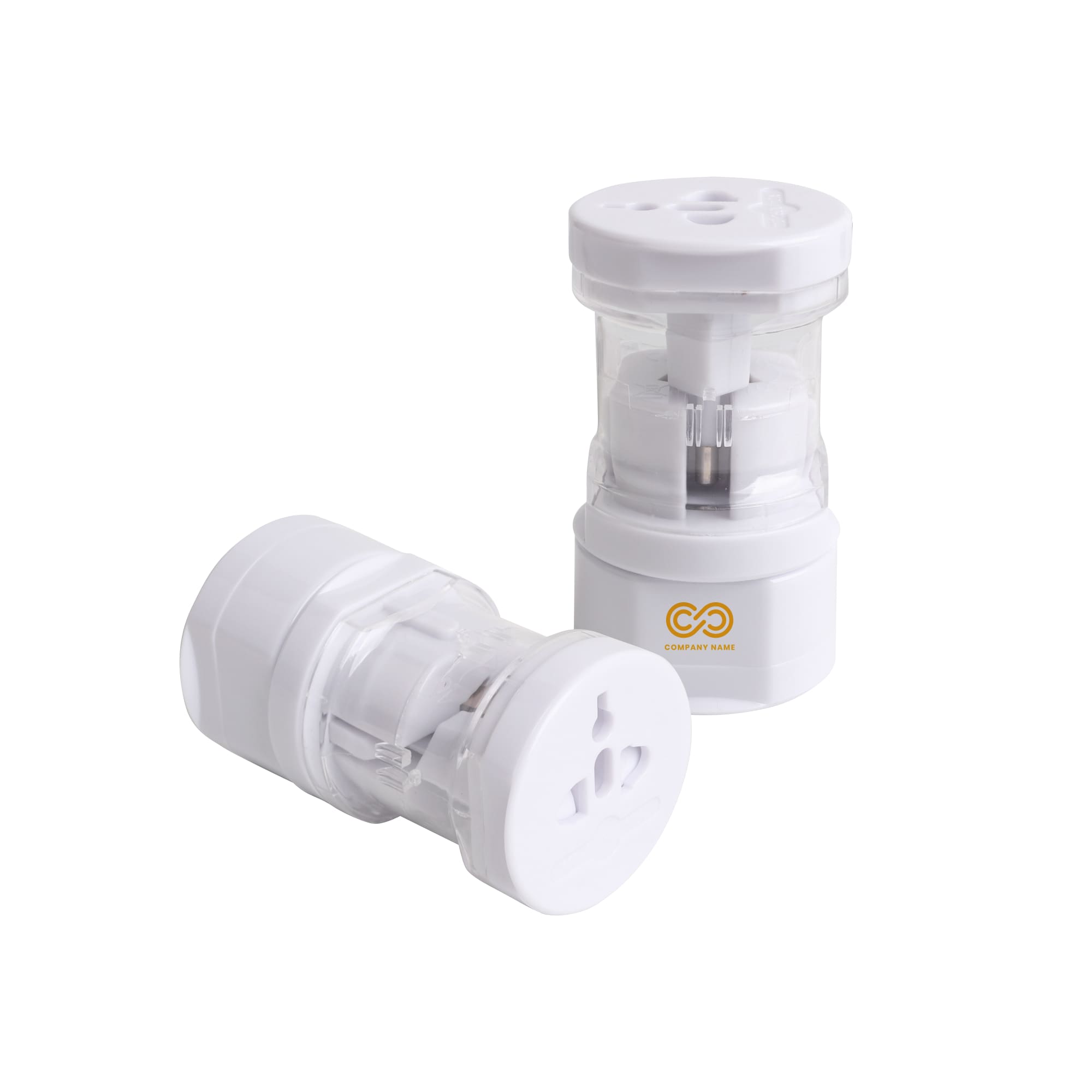 A white universal plug travel adapter, featuring a transparent design, with two adapters positioned beside each other. Universal Plug Travel Adapter - Image 1