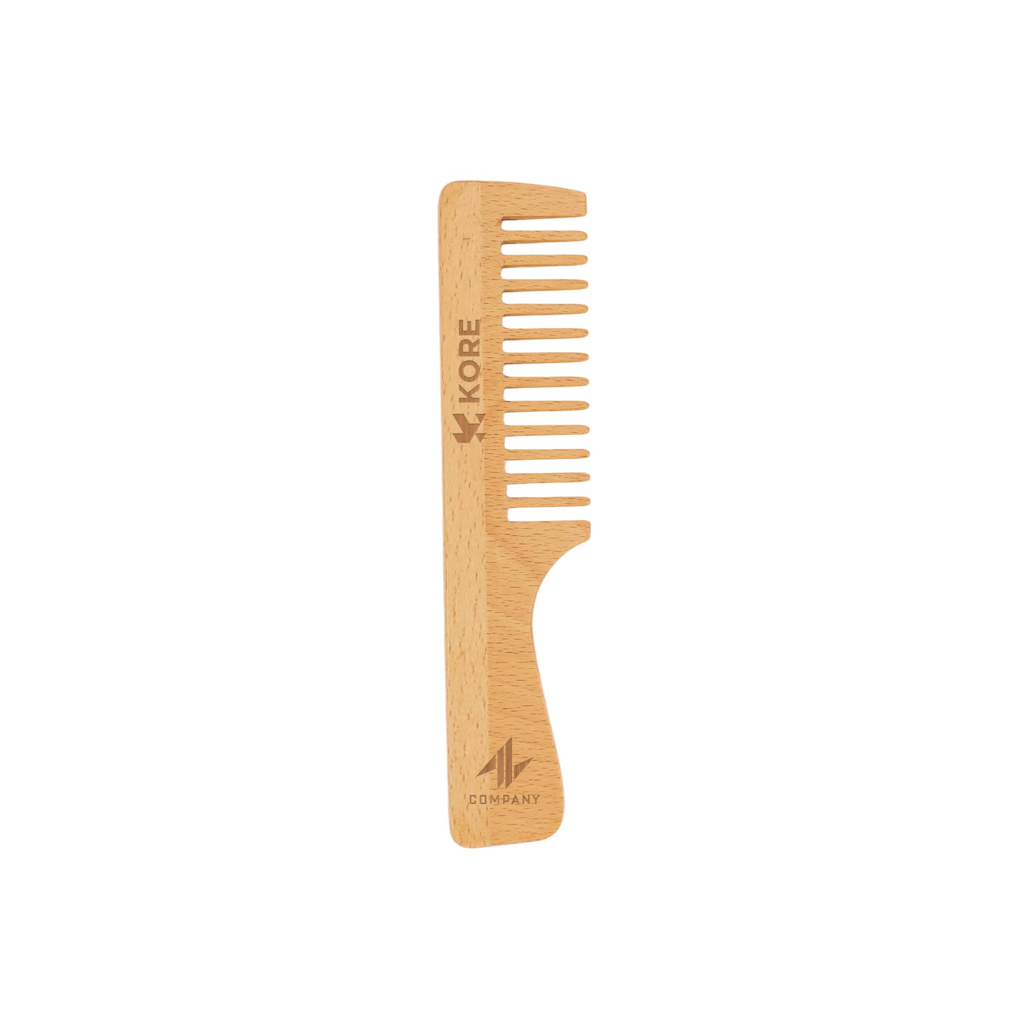 A wide-tooth beech wood comb in a light wood colour features a smooth finish and a logo. Wide-Tooth Beech Wood Comb - Image 1