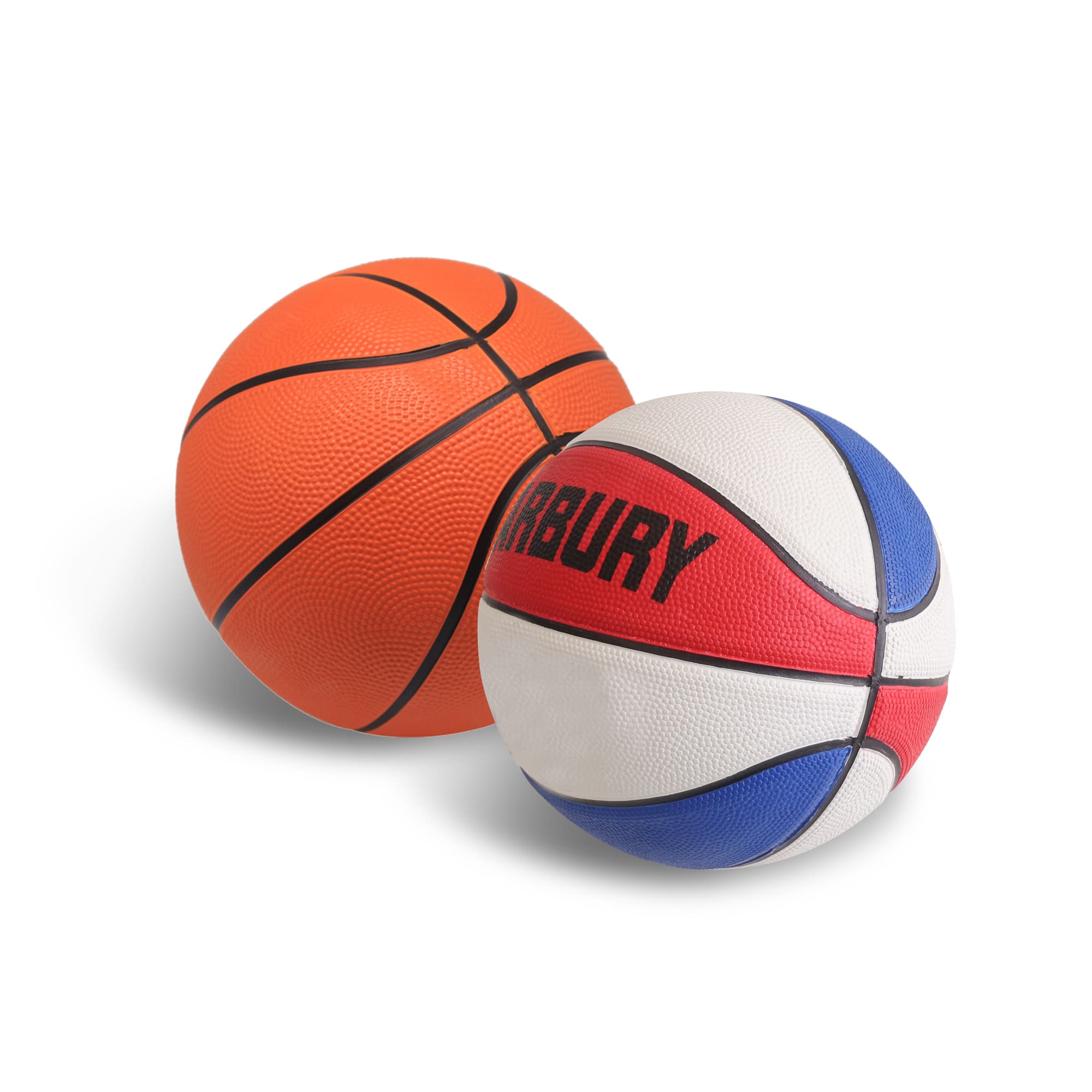 Two basketballs are displayed: one orange with black markings and one white with red and blue accents. Both feature logos. Promotional Basketball - Image 1