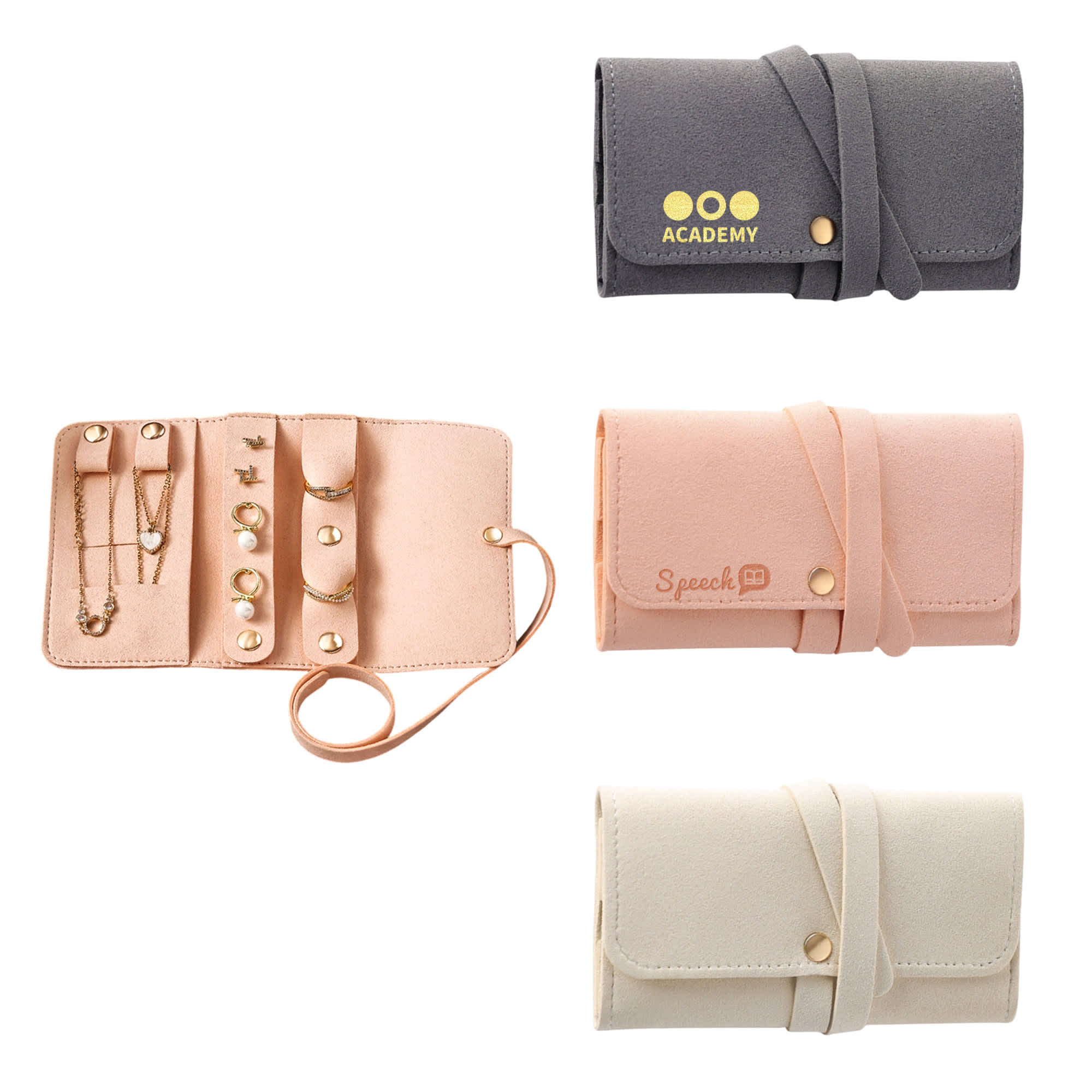 A synthetic leather jewellery bag displayed in pink, grey, and cream with gold accents and a logo. Synthetic Leather Jewellery Bag - Image 1