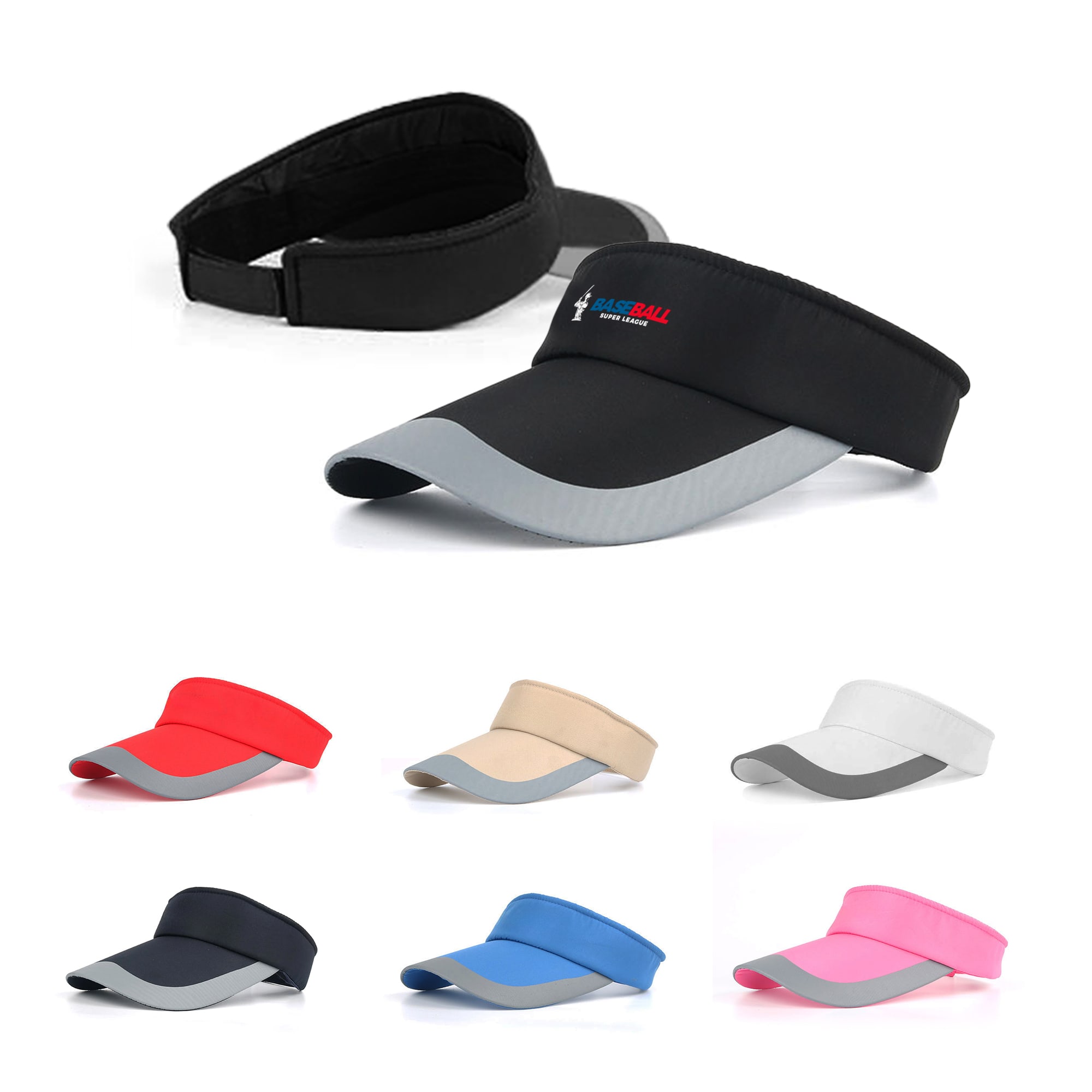 A range of sun visors in various colours, including black, red, beige, white, navy, and pink, with a logo. Sun Visor - Image 1