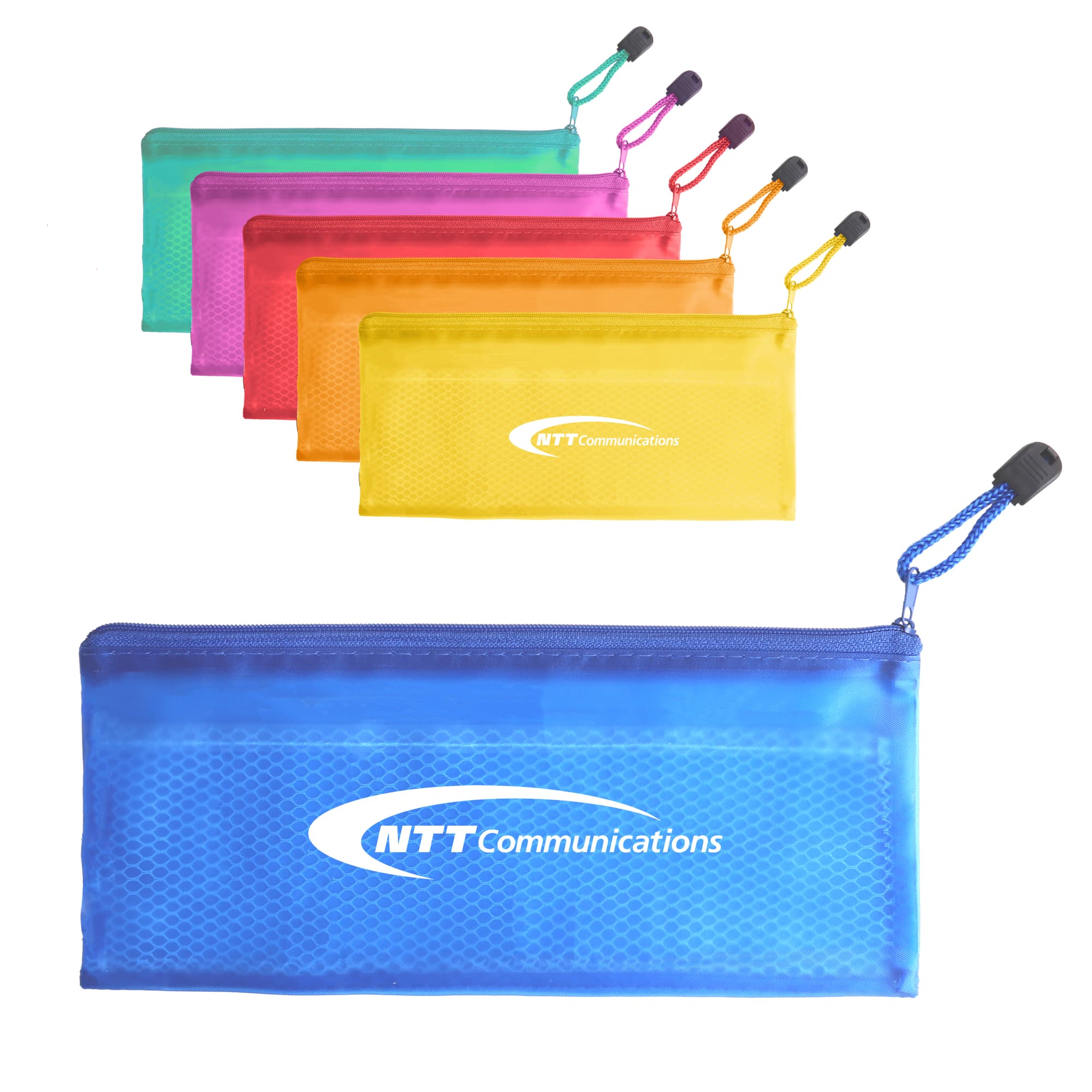 A set of colourful A6 zippered pouches in blue, orange, pink, green, and yellow, featuring a logo. A6 Zippered Pouch - Image 1