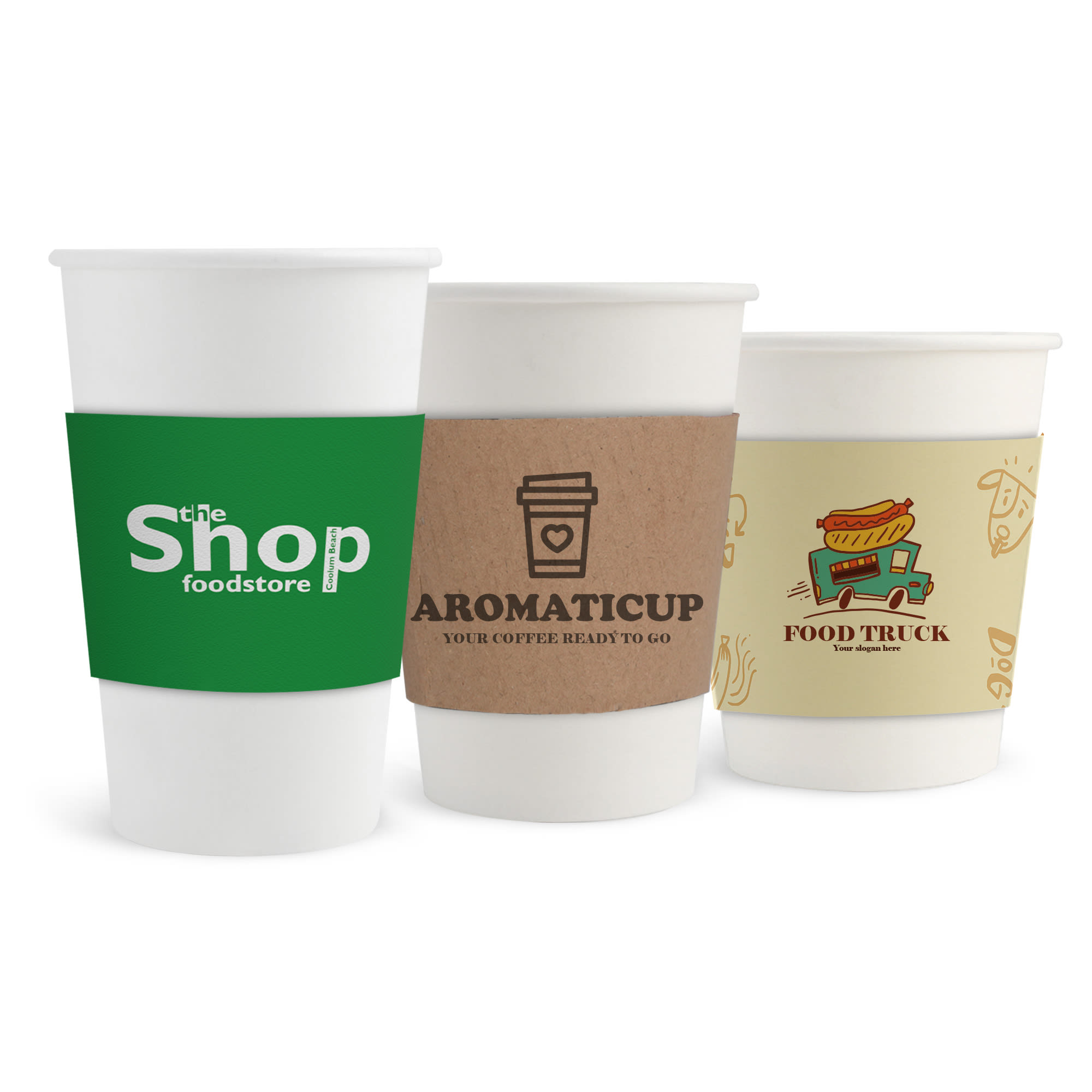 Three white paper cups displayed with different sleeve designs: green, brown, and a graphic featuring food truck elements. Home Compostable Aqueous Single Wall Paper Cups with Cup Sleeve - Image 1