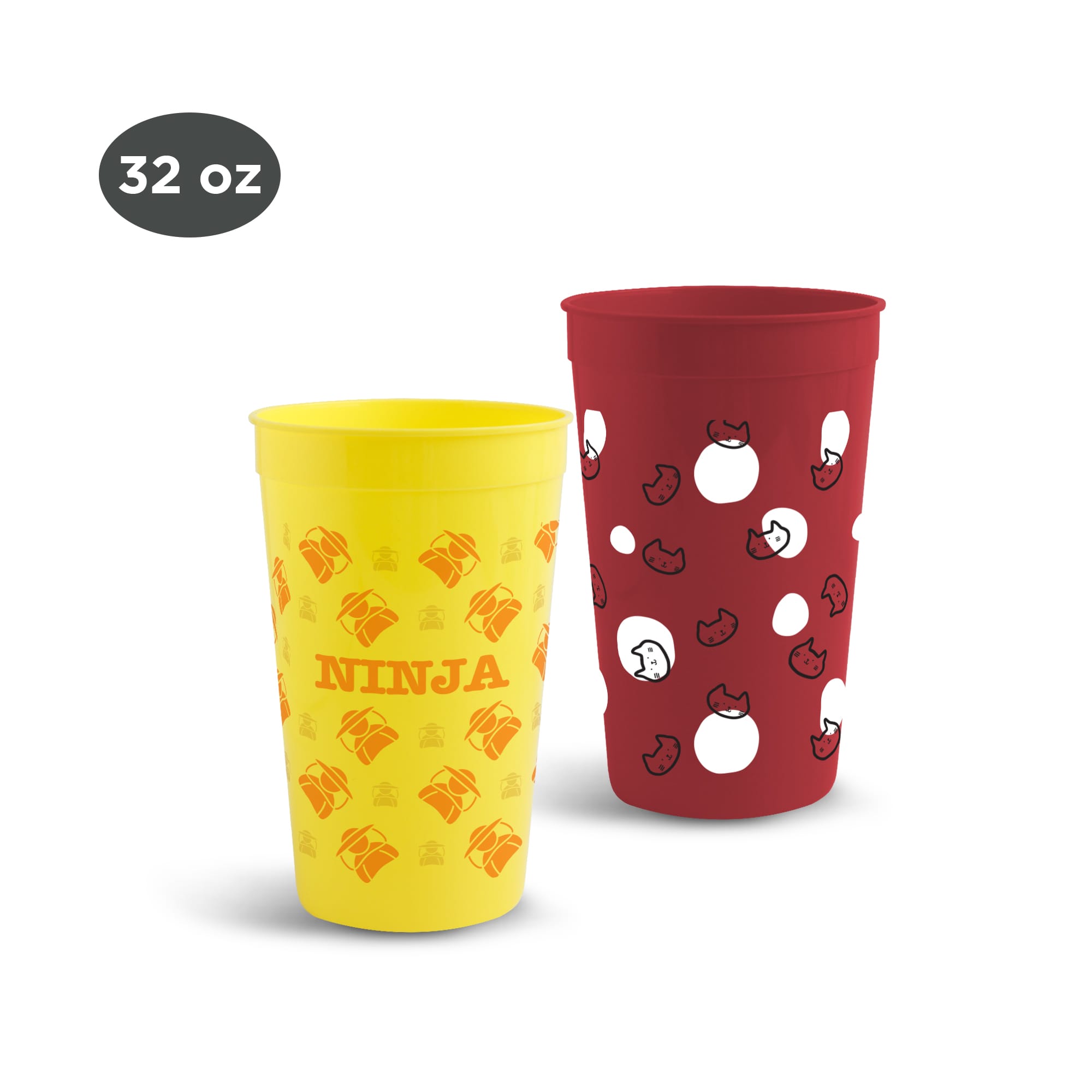 Two plastic stadium cups, one yellow with ninja designs and one red with white patterns, both 946ml in size. 946ml Plastic Stadium Cup - Image 1
