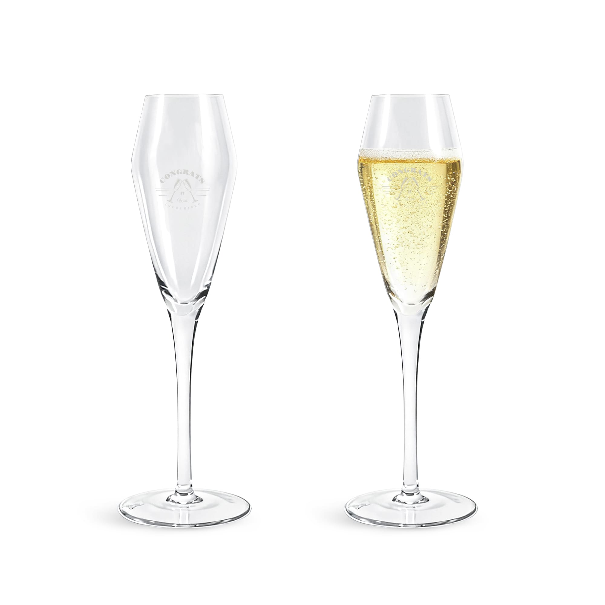 A pair of clear tulip champagne glasses with one filled with sparkling beverage and a logo on the side. Tulip Champagne Glass - Image 1