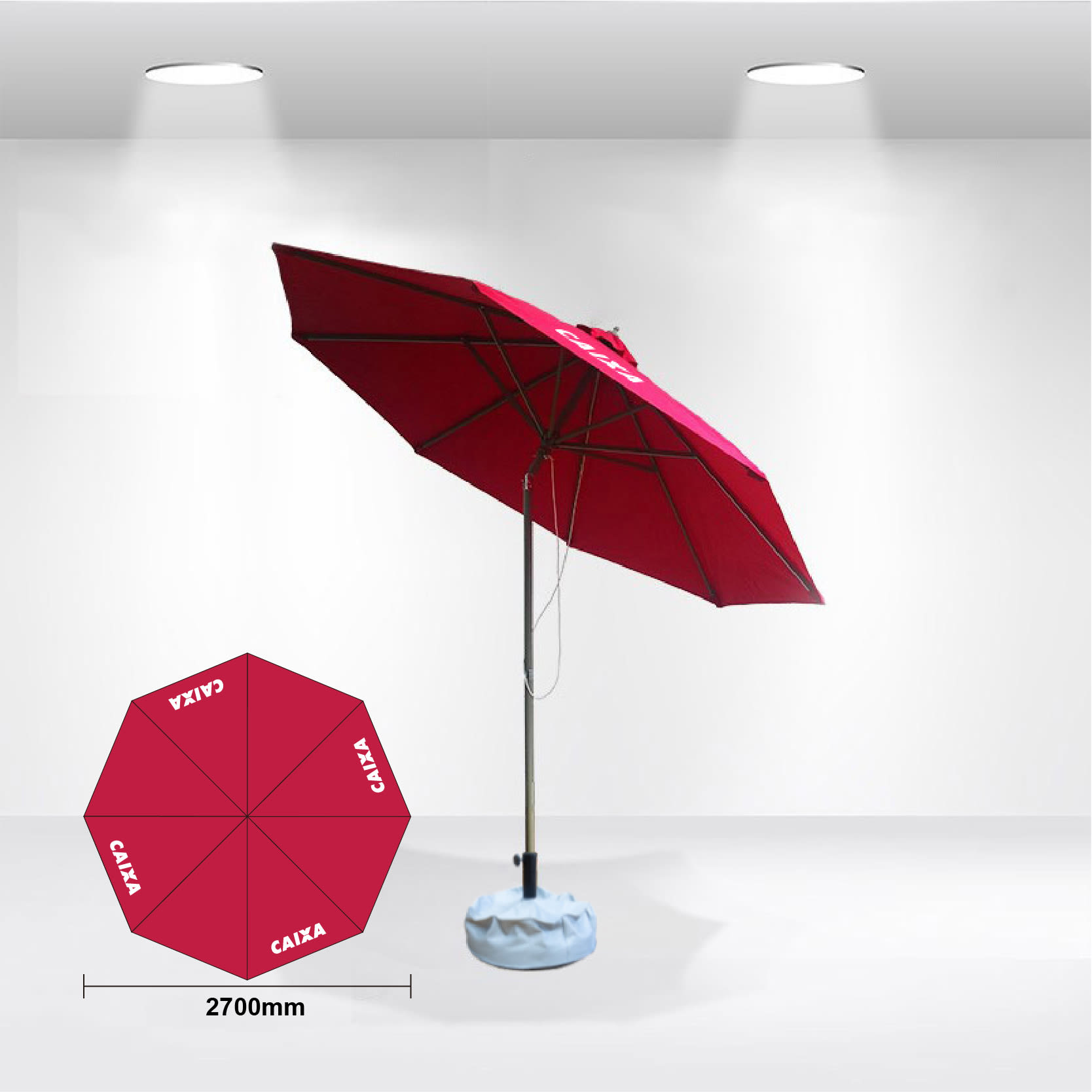 A red commercial market umbrella with a tilting feature, displayed on a white backdrop with a measurement graphic. 2.7x2.7m Tilting Stock Colour Commercial Market Umbrella - Image 1