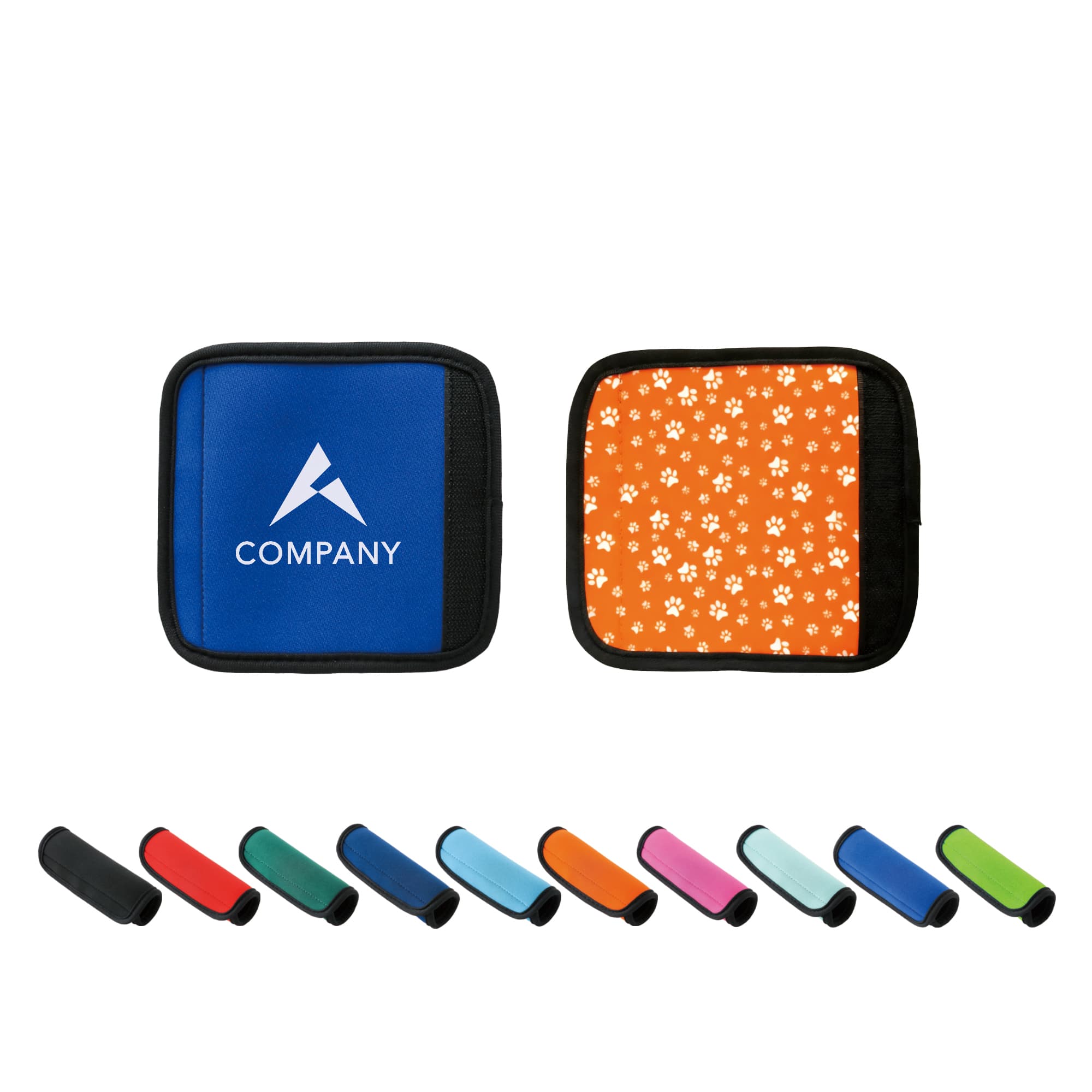 Neoprene luggage grips in various colours, featuring a logo on one side and a patterned design on the other. Custom Neoprene Luggage Grip - Image 1