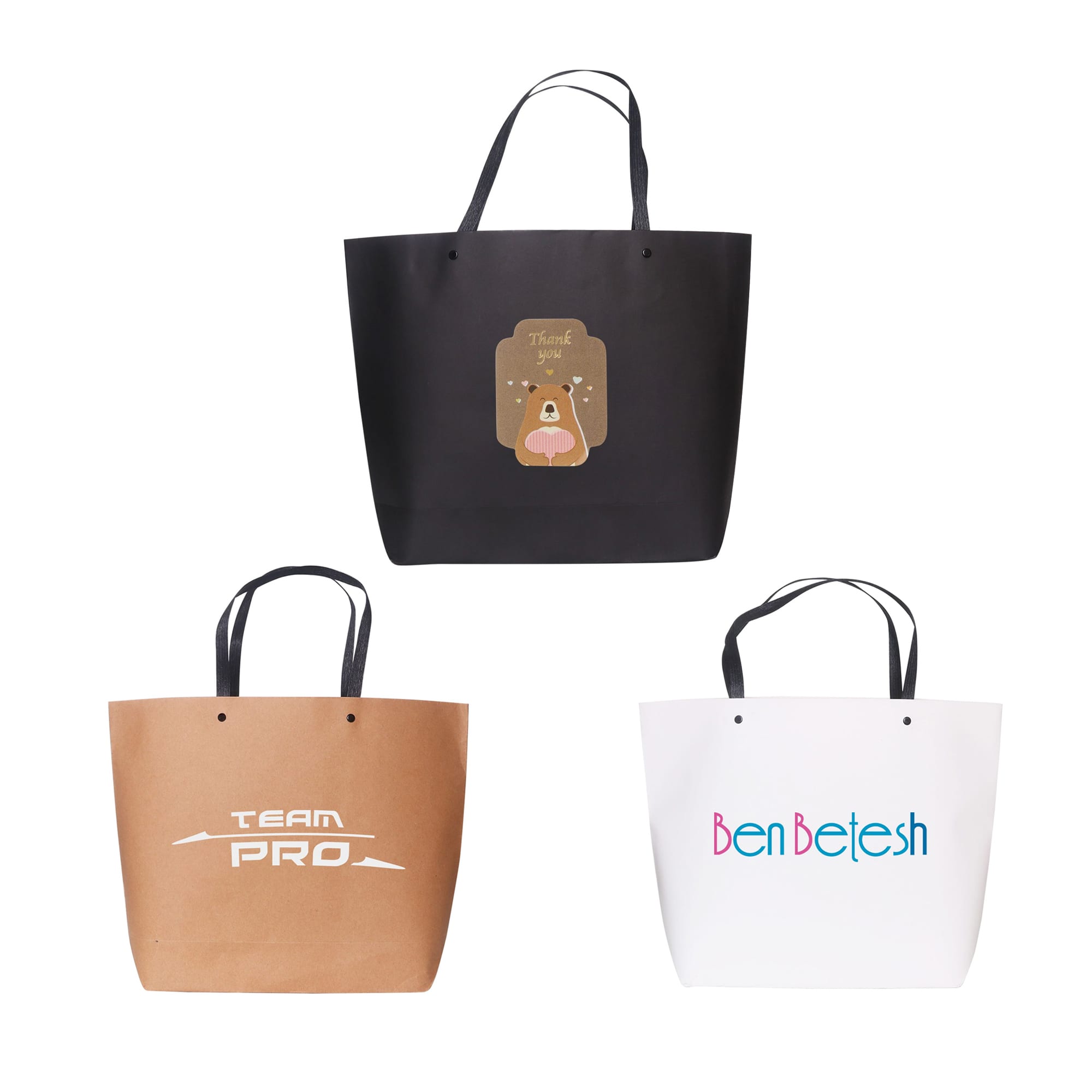 A collection of three medium boutique paper bags in black, brown, and white, featuring various designs and logos. Medium Boutique Paper Bag(370 x 280 x 100mm) - Image 1