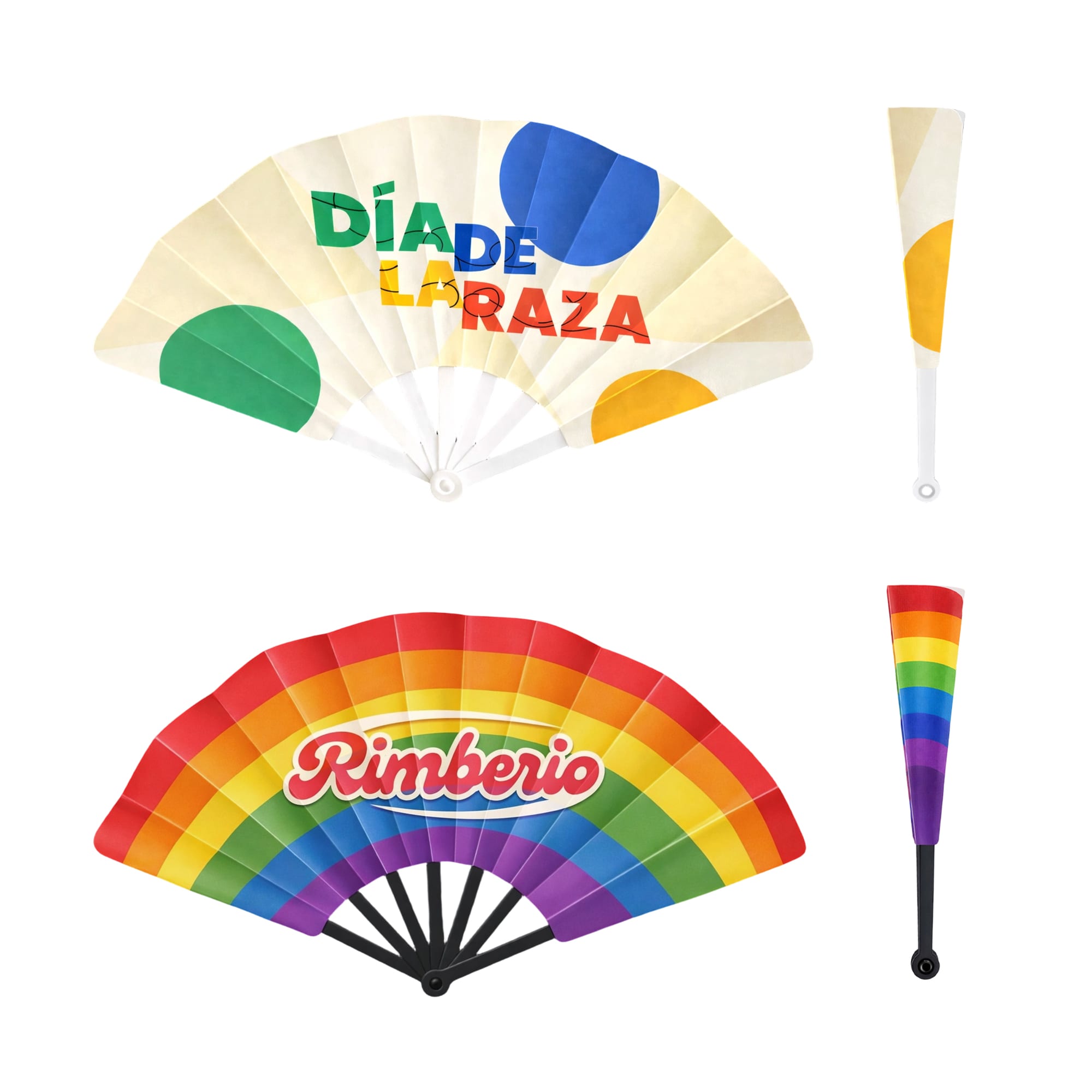A set of decorative plastic hand fans in cream, colourful dots, and a rainbow design featuring text and a logo. Plastic Hand Fan A - Image 1
