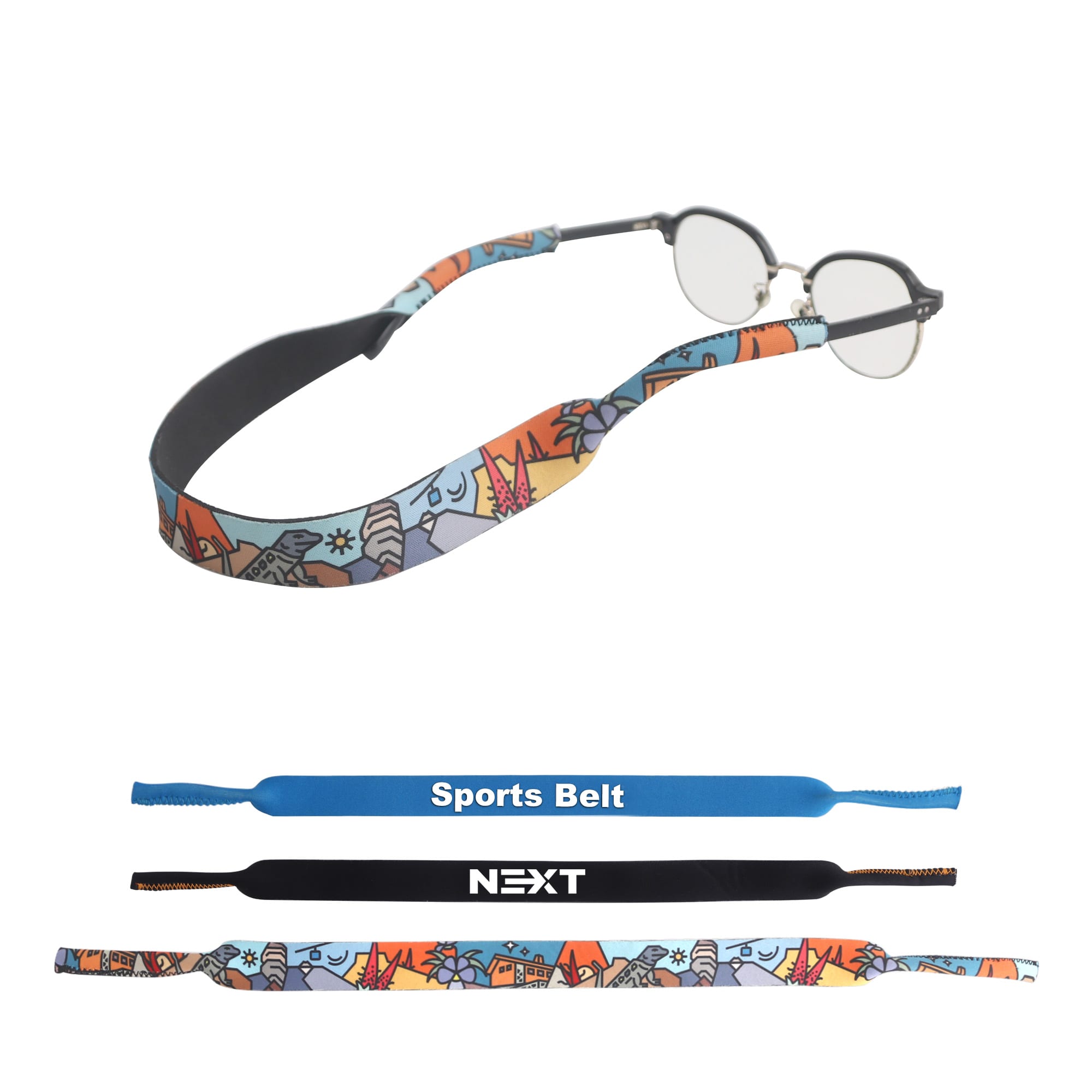 A glasses retainer featuring a colourful design with various patterns, alongside two black sports belts. Glasses Retainer - Image 1