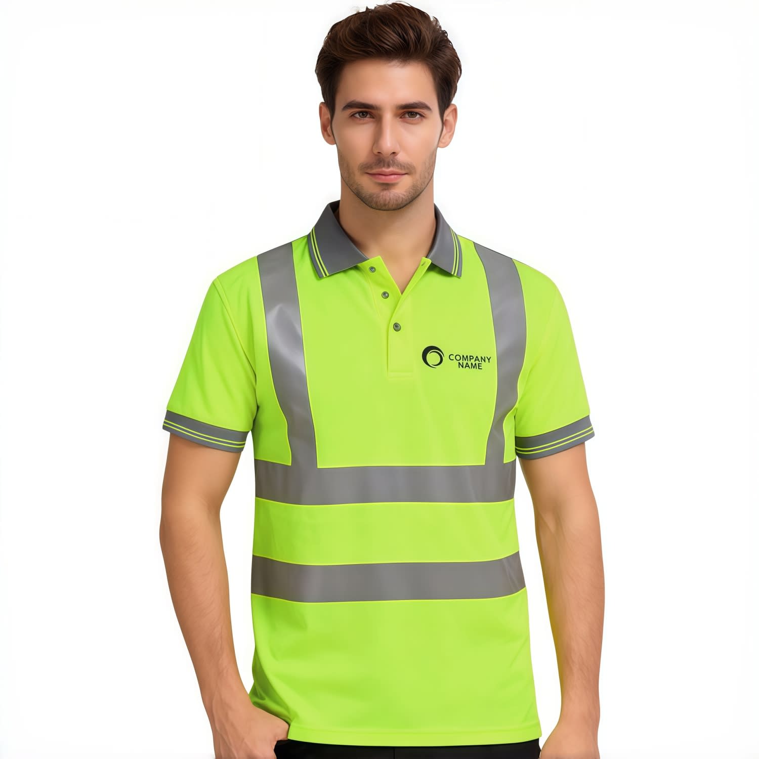 A hi-vis reflective polo shirt in bright lime green with grey accents and a logo on the chest. Unisex Polyester Hi-Vis Reflective S/S Polo - Image 1