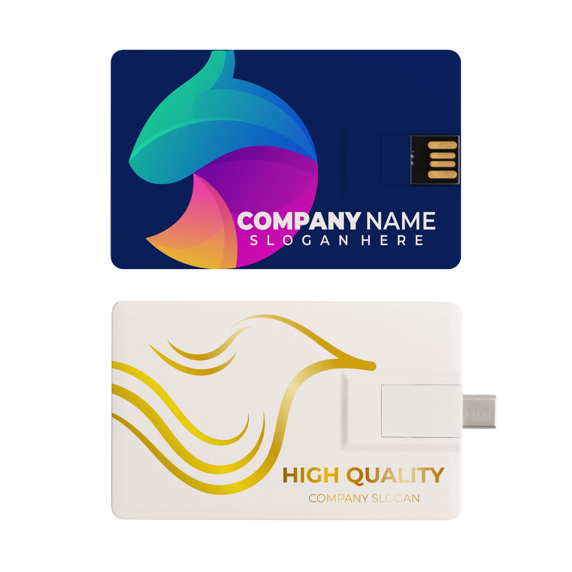 A credit card-sized Type-C flash drive featuring a multi-coloured design and a white side with gold accents. Credit Card Type-c Flash Drive - Image 1