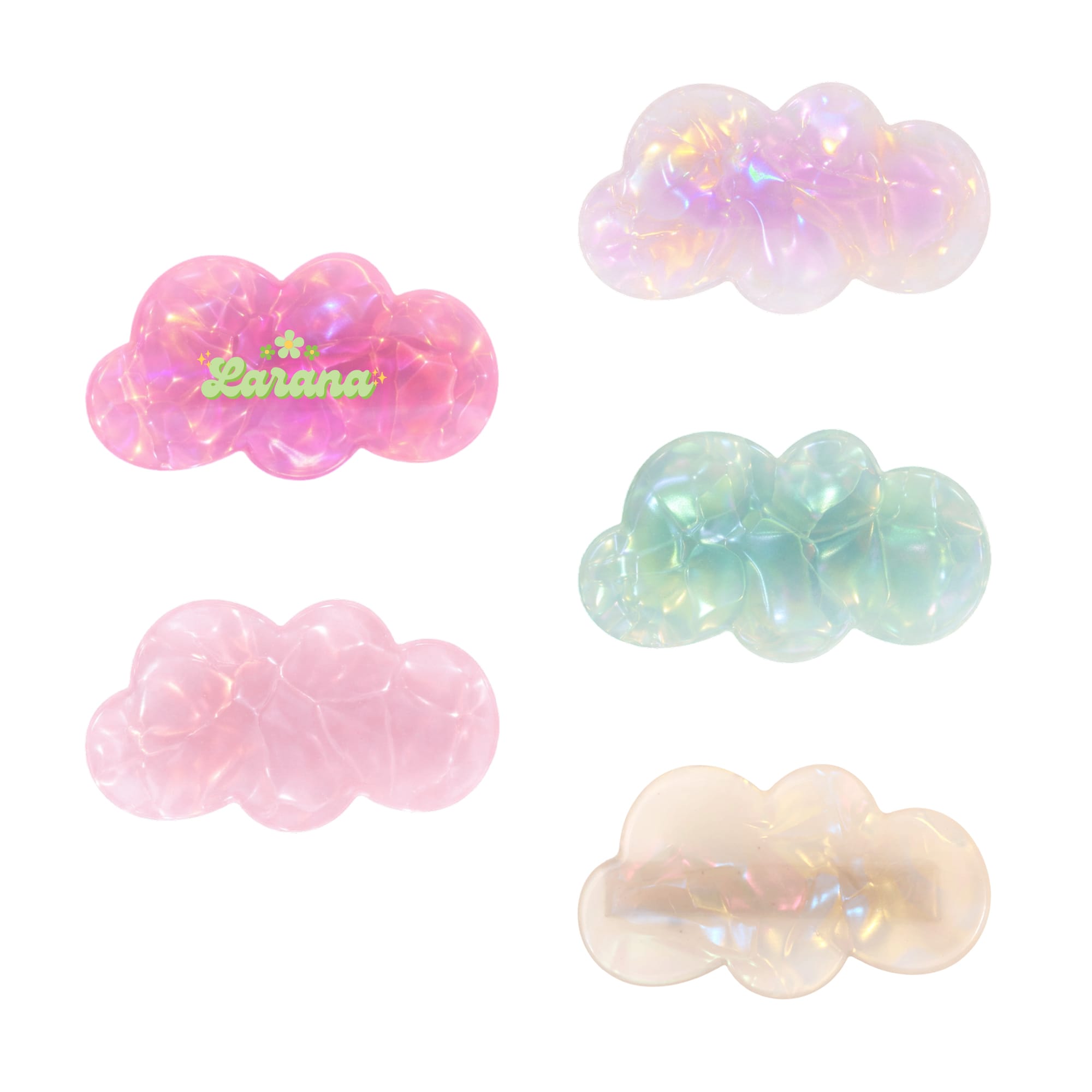 Five iridescent hair clips in cloud shapes, featuring colours like pink, green, and clear. Includes a branded logo. Cloud Iridescent Alligator Hair Clip - Image 1