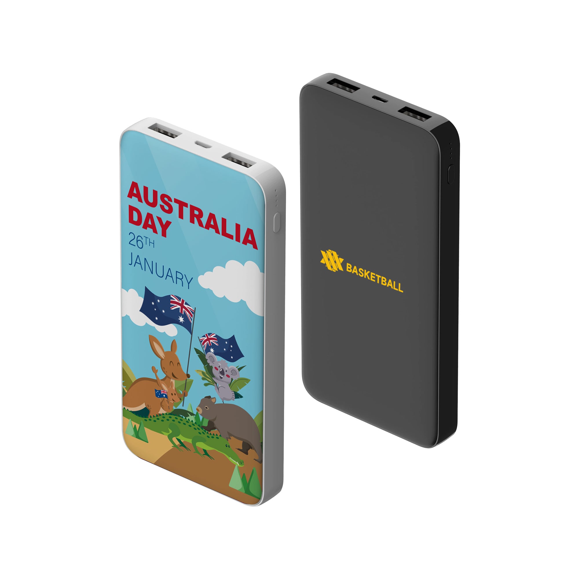 A power bank featuring a full colour print of kangaroos and Australian flags, with a black reverse side and logos. 10000mAh Slim Power Bank - Image 1