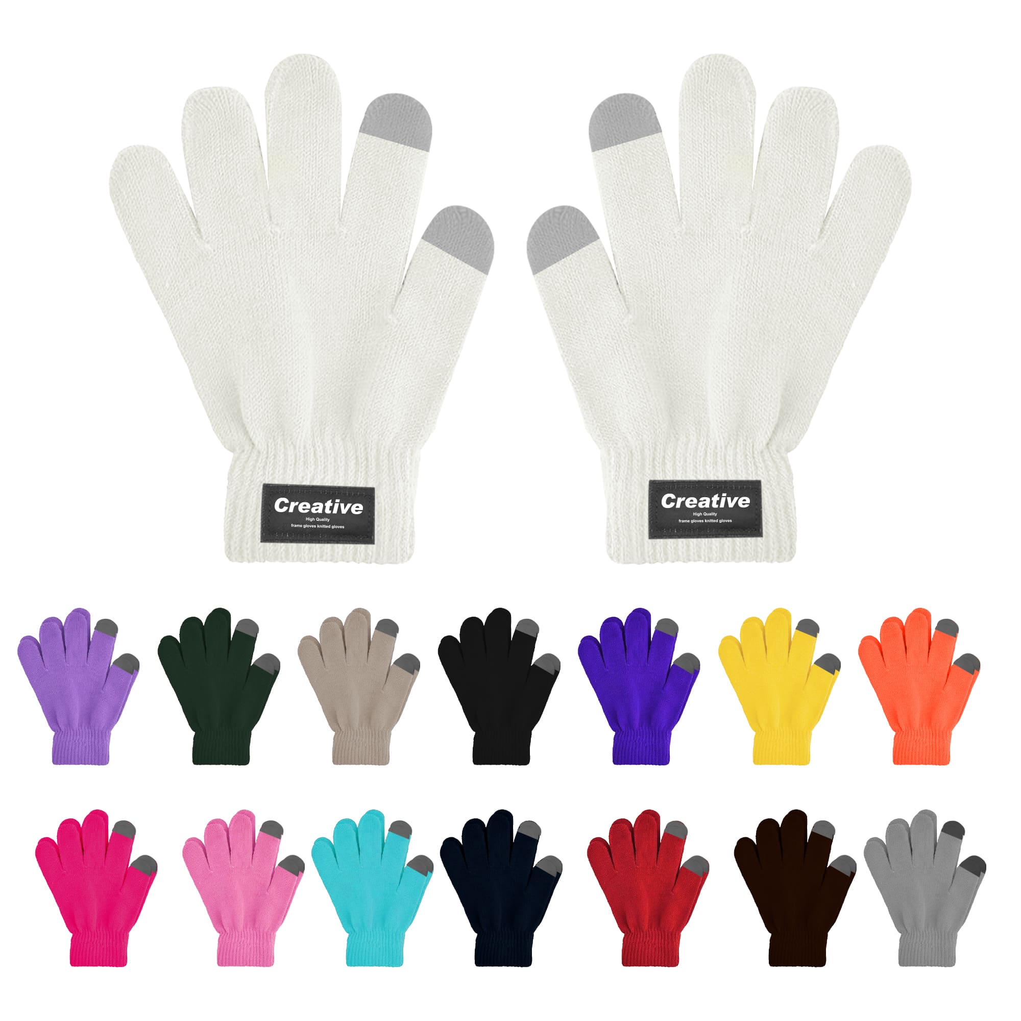 A pair of plain knitted gloves in white with grey fingertips, displayed alongside various other colour options. Adults Plain Knitted Gloves with Woven Label - Image 1