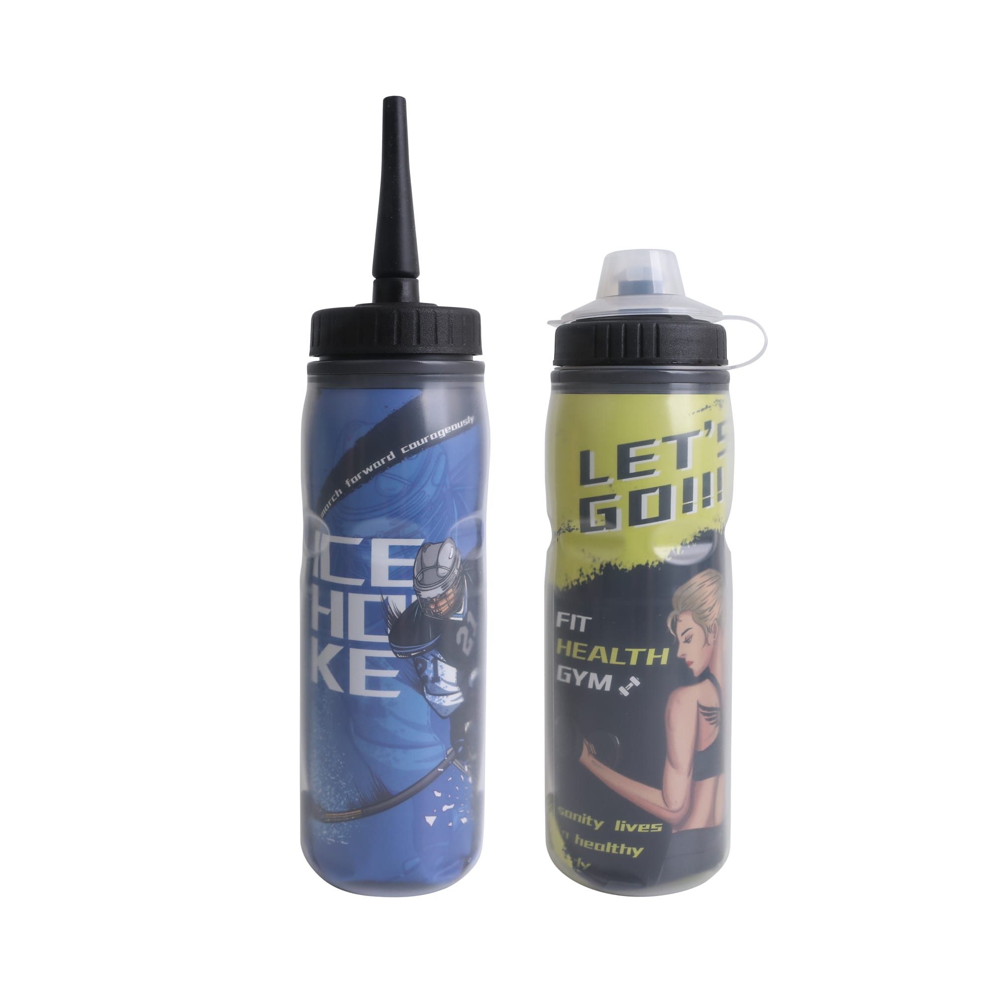 A drink bottle duo featuring a blue and black design with a nozzle, and a green and yellow design, both with logos. 20oz 600ml Double Wall Squeeze Sports Water Bottle - Image 1