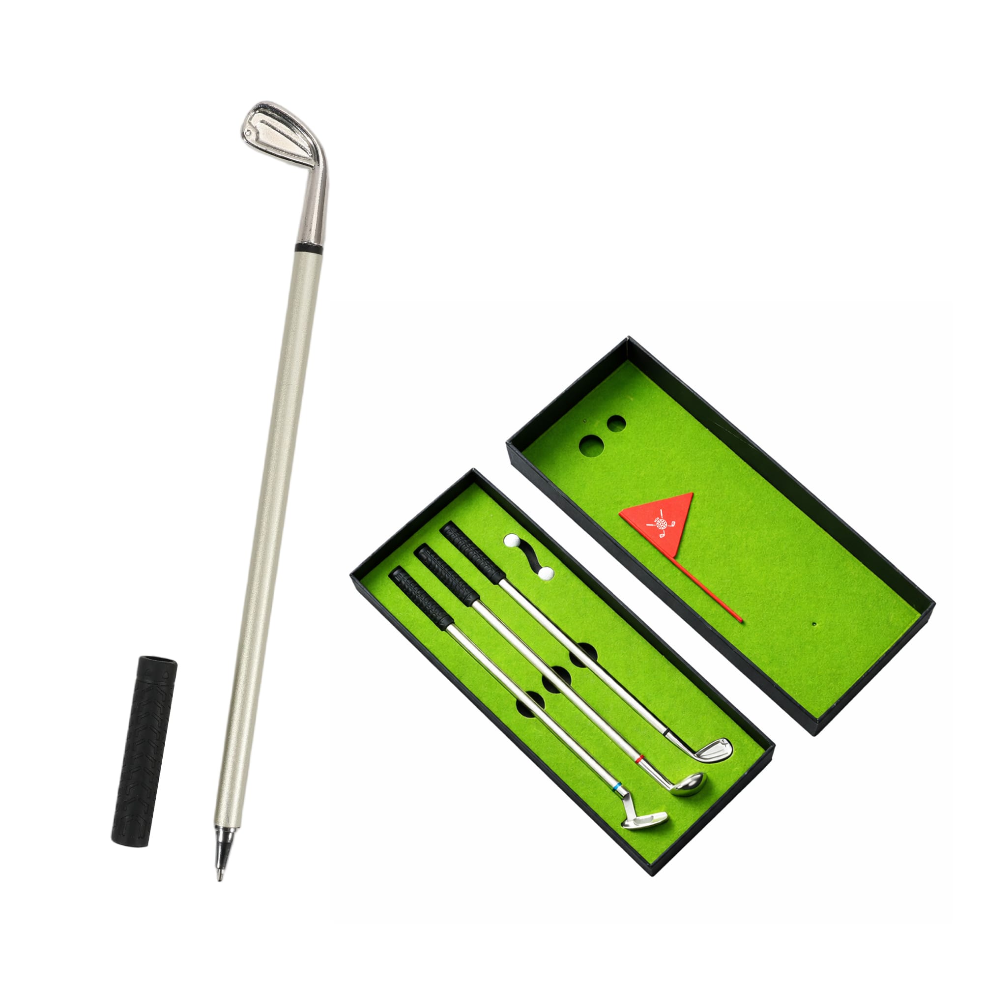 A silver golf pen and three golf club-shaped ballpoint pens in a black gift box with green interior. Golf Pen Gift Set - Image 1