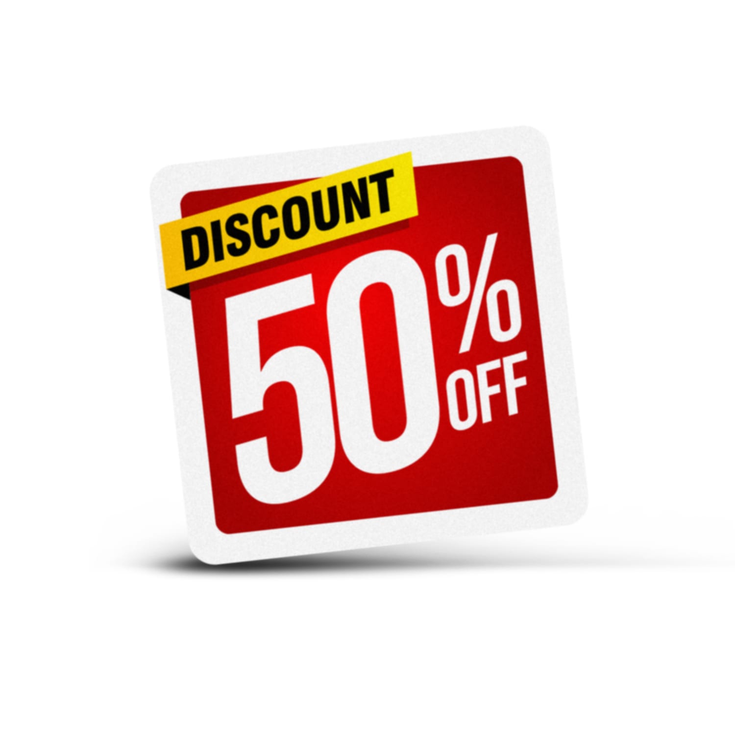A square sticker featuring a bold red background with a white percentage sign and a black and yellow banner. AD Labels 50 x 50mm - Image 1