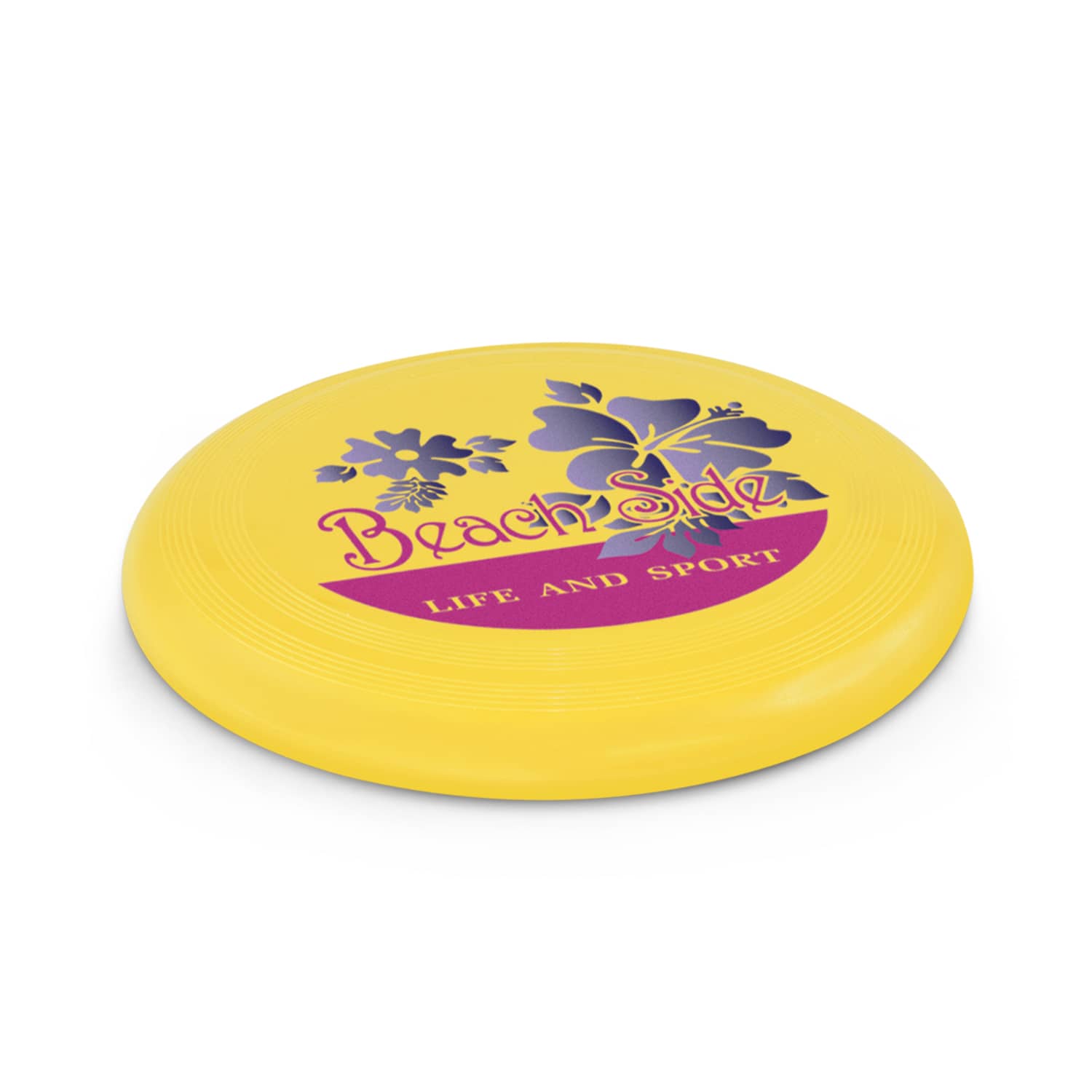 A yellow frisbee featuring floral designs and a logo, designed for fun and games. Small Flyer - Image 1