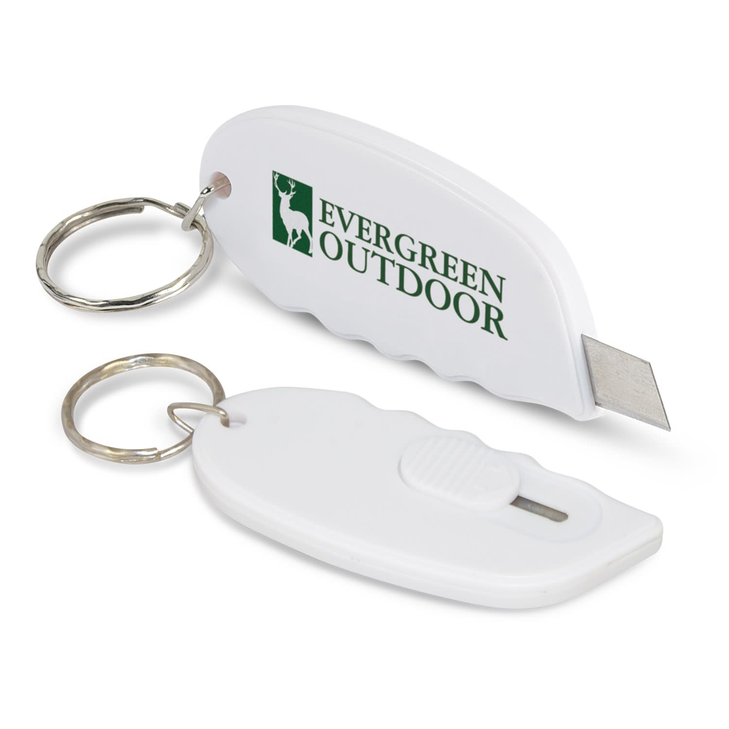 A Mini Cutter Key Ring featuring a retractable blade and a keychain attachment, branded with the Evergreen Outdoor logo. Mini Cutter Key Ring - Image 1