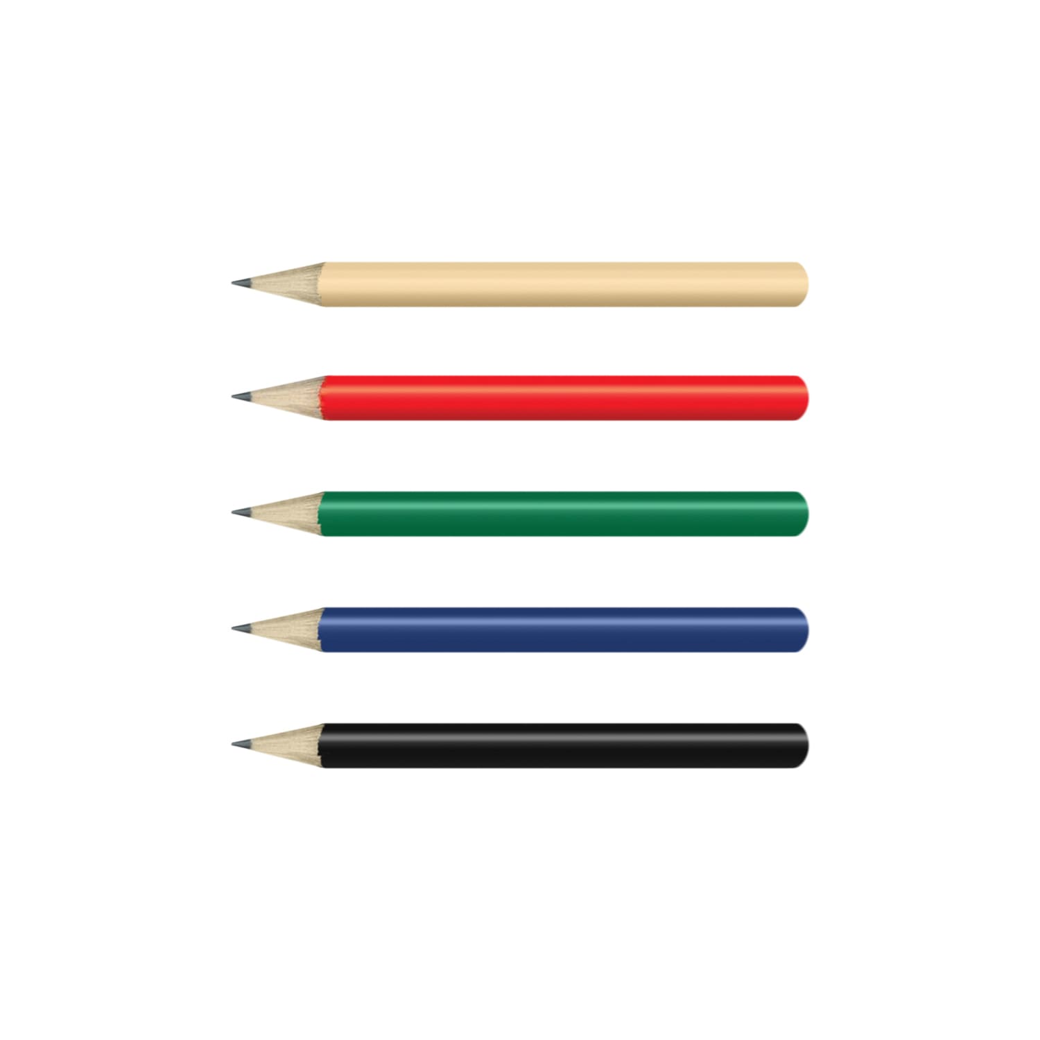Four grey-lead pencils in natural, red, green, and blue colours, all with sharpened tips. Each pencil has a smooth finish. HB Mini Pencil - Image 1
