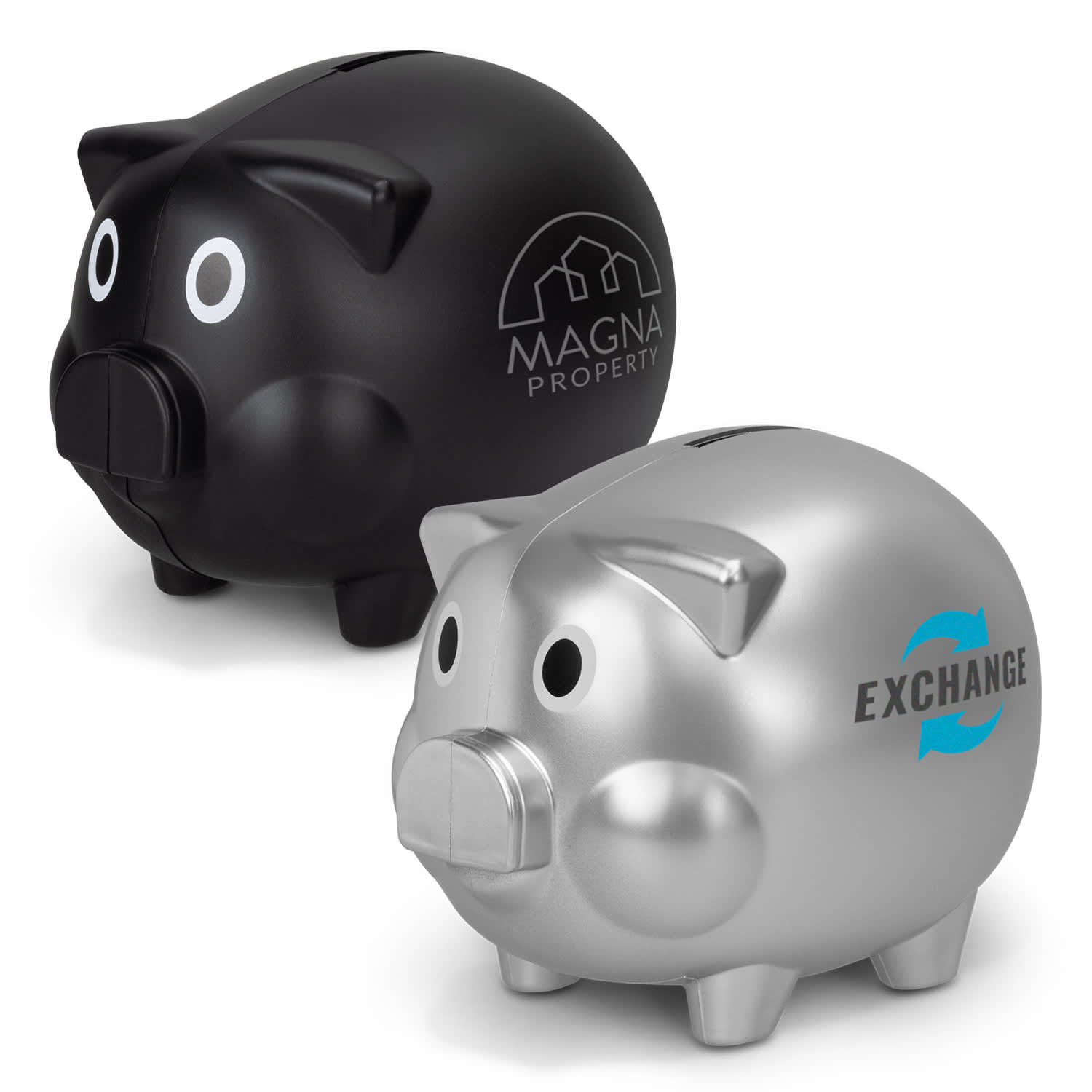 A black piggy bank and a silver piggy bank, both featuring eyes and a slot for coins, with logos on the silver one. Piggy Bank - Image 1