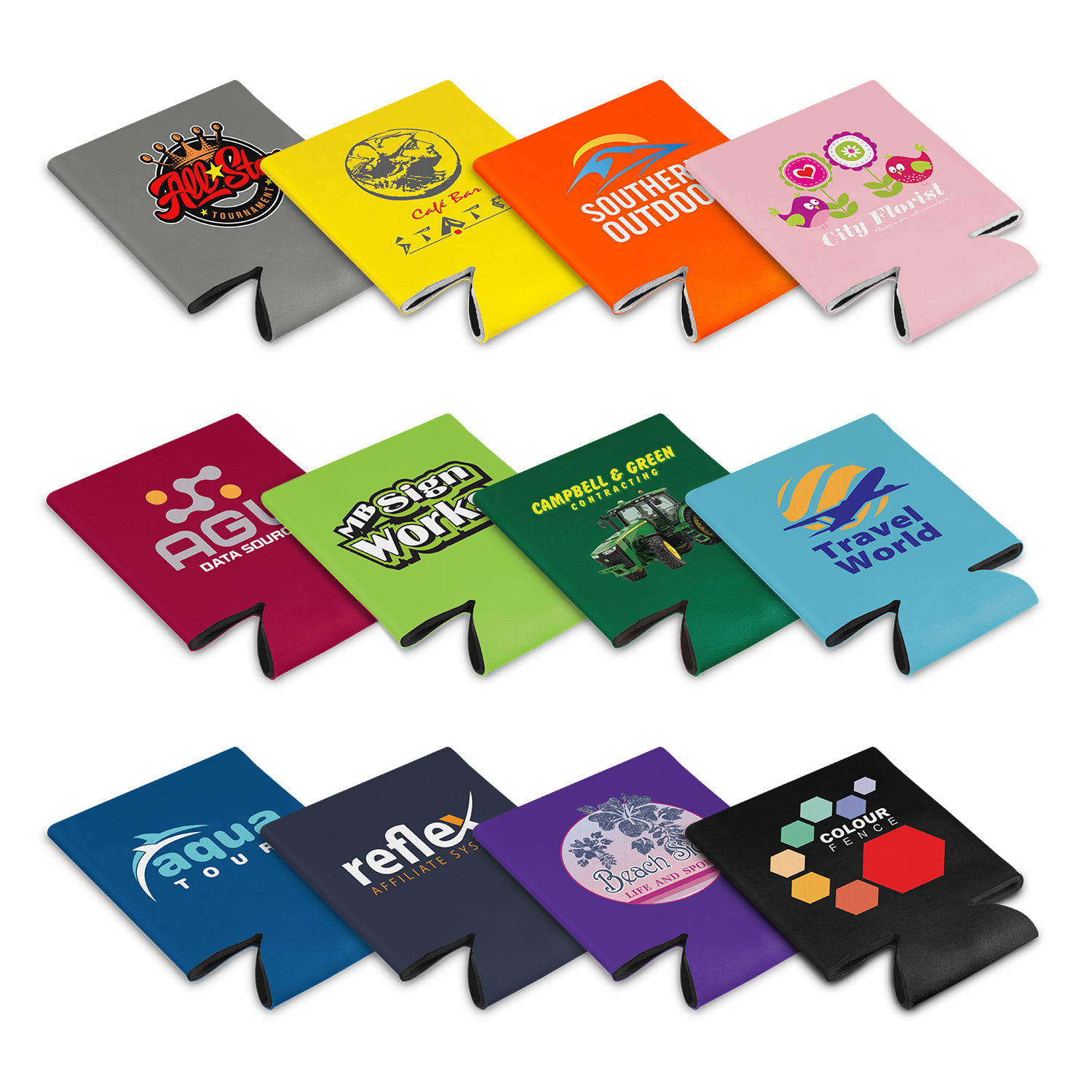 A collection of colourful stubby coolers in various designs with logos, featuring grey, yellow, green, pink, and more. Budget Stubby Cooler - Image 1