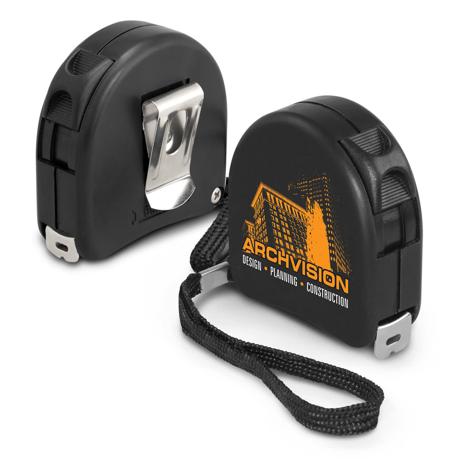 A black locking tape measure with a clip and a strap, featuring an orange logo on one side. Locking Tape Measure - Image 1