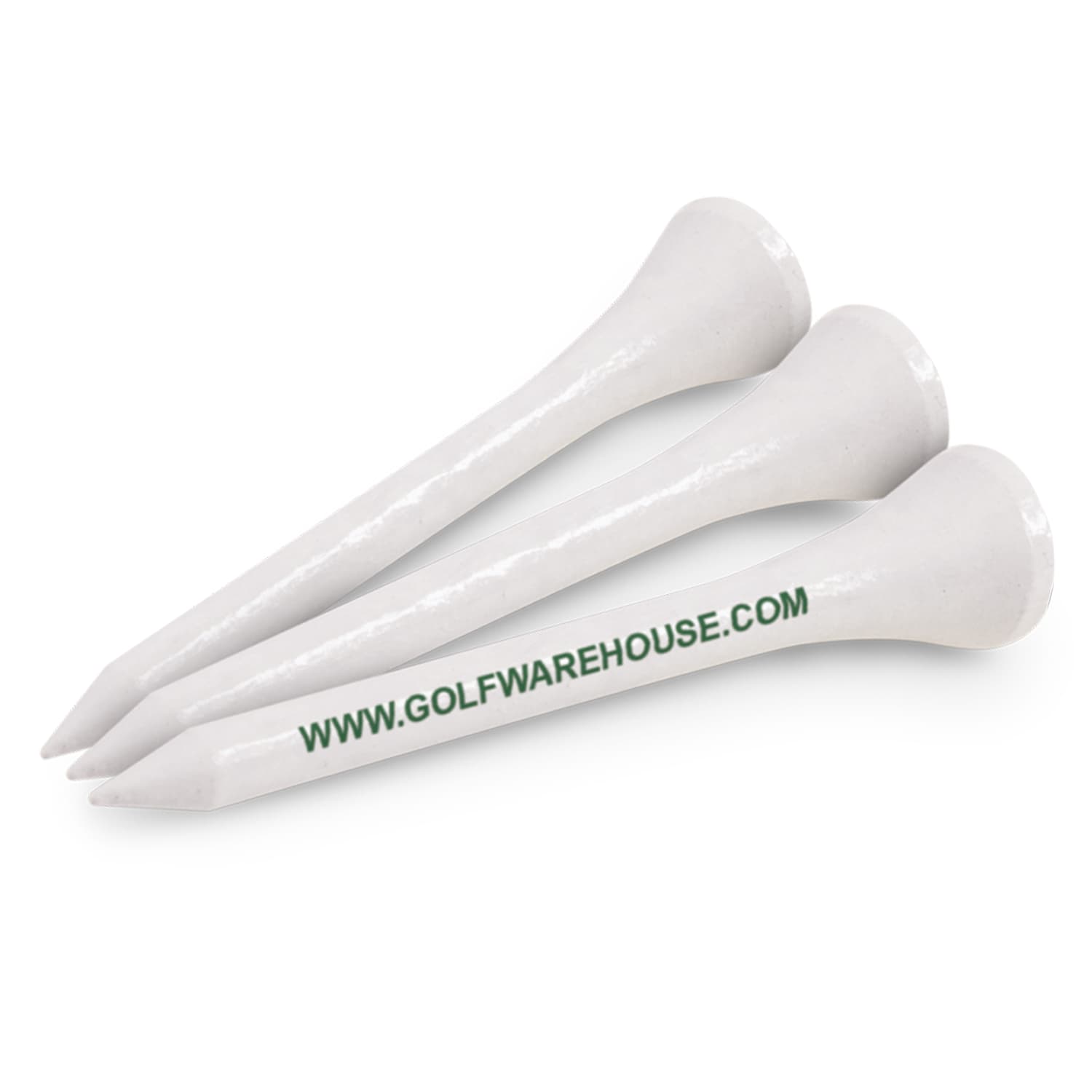 Three white golf tees with a pointed end and a wider base, featuring the text "www.GOLFWAREHOUSE.com" printed in green. Golf Tee - Image 1
