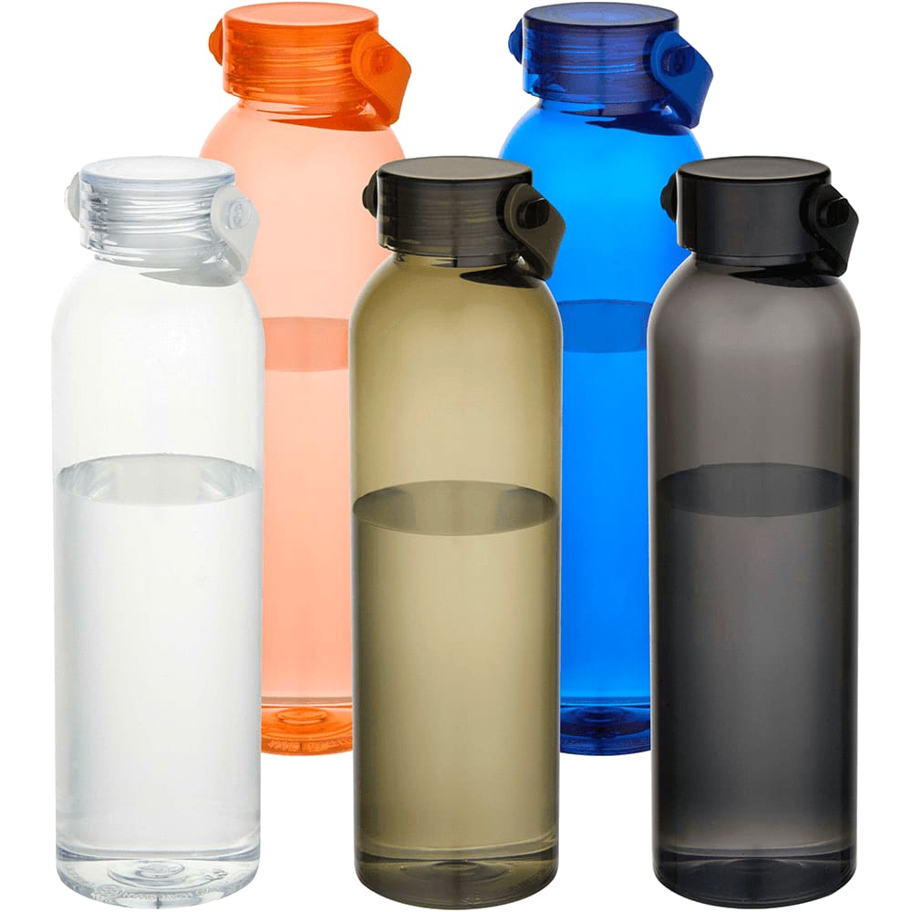 A drink bottle collection featuring five colours: clear, orange, blue, brown, and smoky grey, each with a black lid and logo. Alti 630 ml RCS Recycled Plastic Water Bottle - Image 1