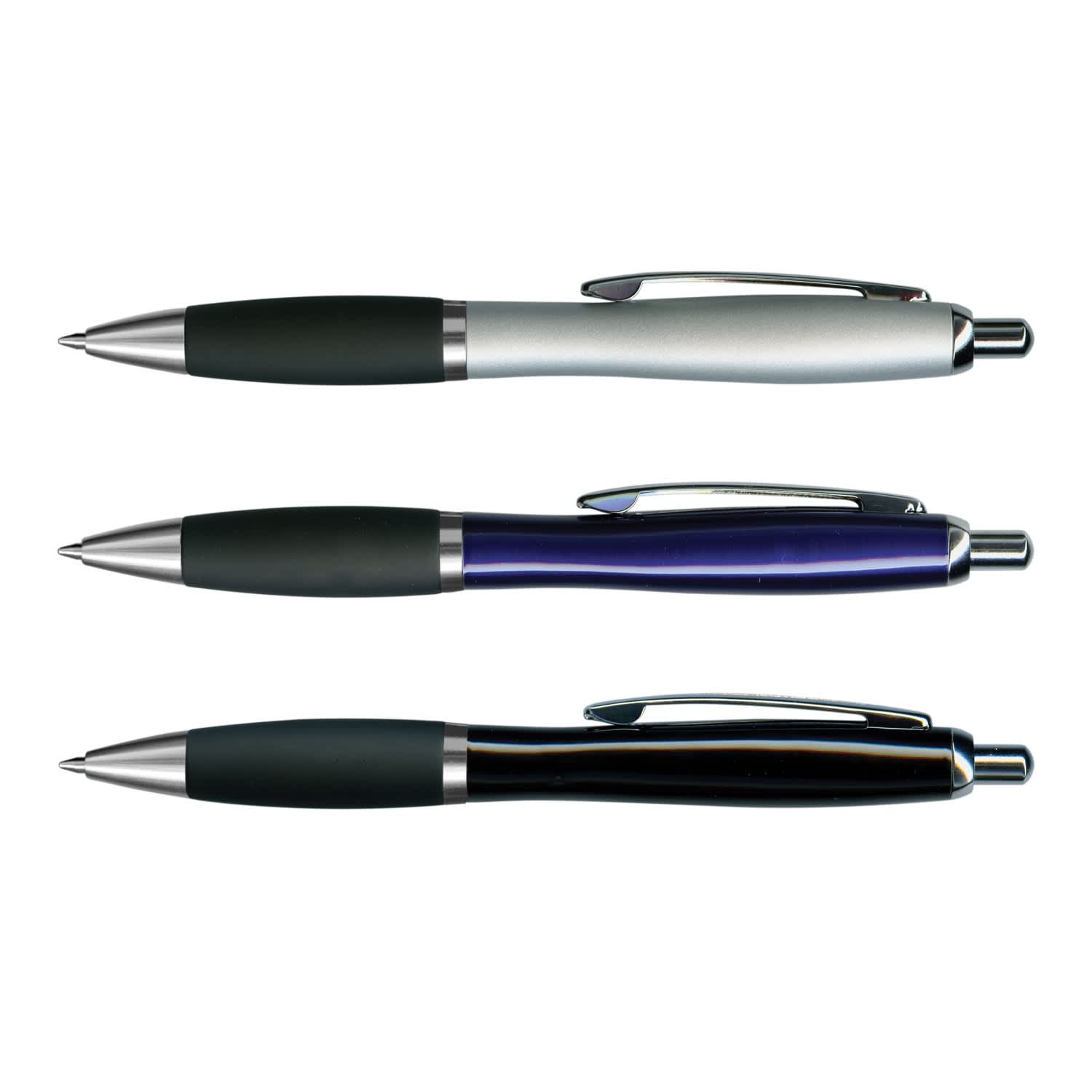 A collection of three metal pens in silver, blue, and black, each with a textured grip and chrome accents. Atlantis Pen - Image 1