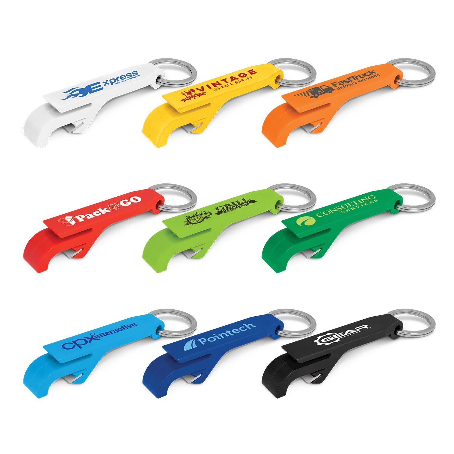 A drink bottle opener key ring set featuring various colours: white, orange, green, blue, and black, with branding on each. Snappy Bottle Opener Key Ring - Image 1