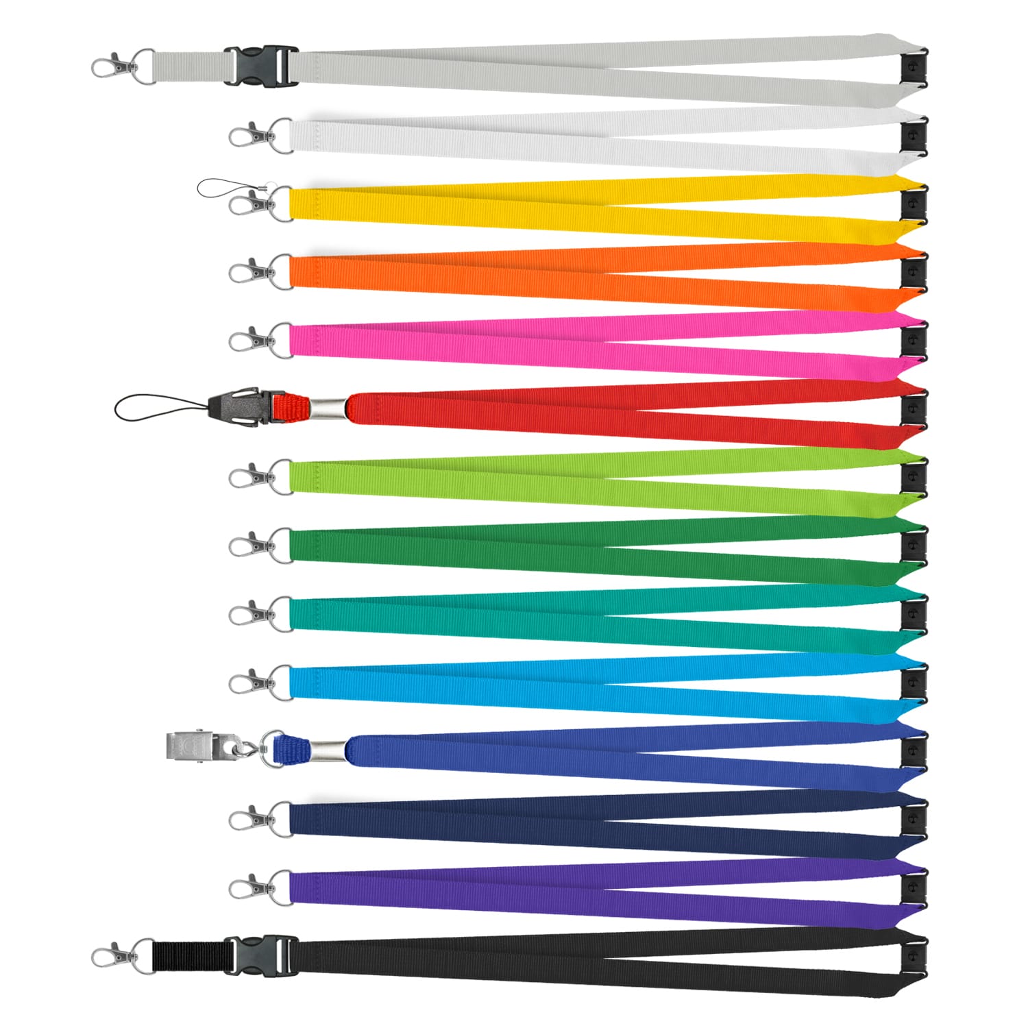 A collection of custom printed lanyards in various colours including white, yellow, orange, green, blue, and purple, with clips. Custom Printed Lanyard - 16mm - Image 1