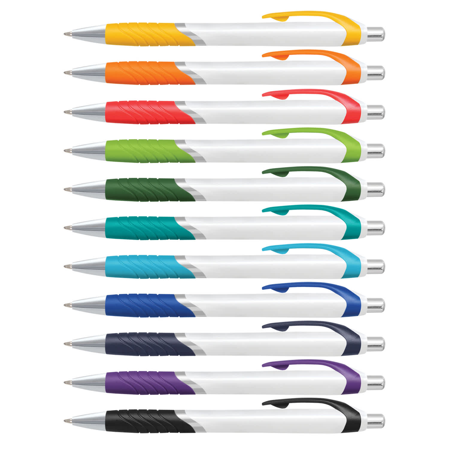 A collection of plastic pens featuring white barrels and various coloured grips, arranged in a row. Jet Pen - White Barrel - Image 1