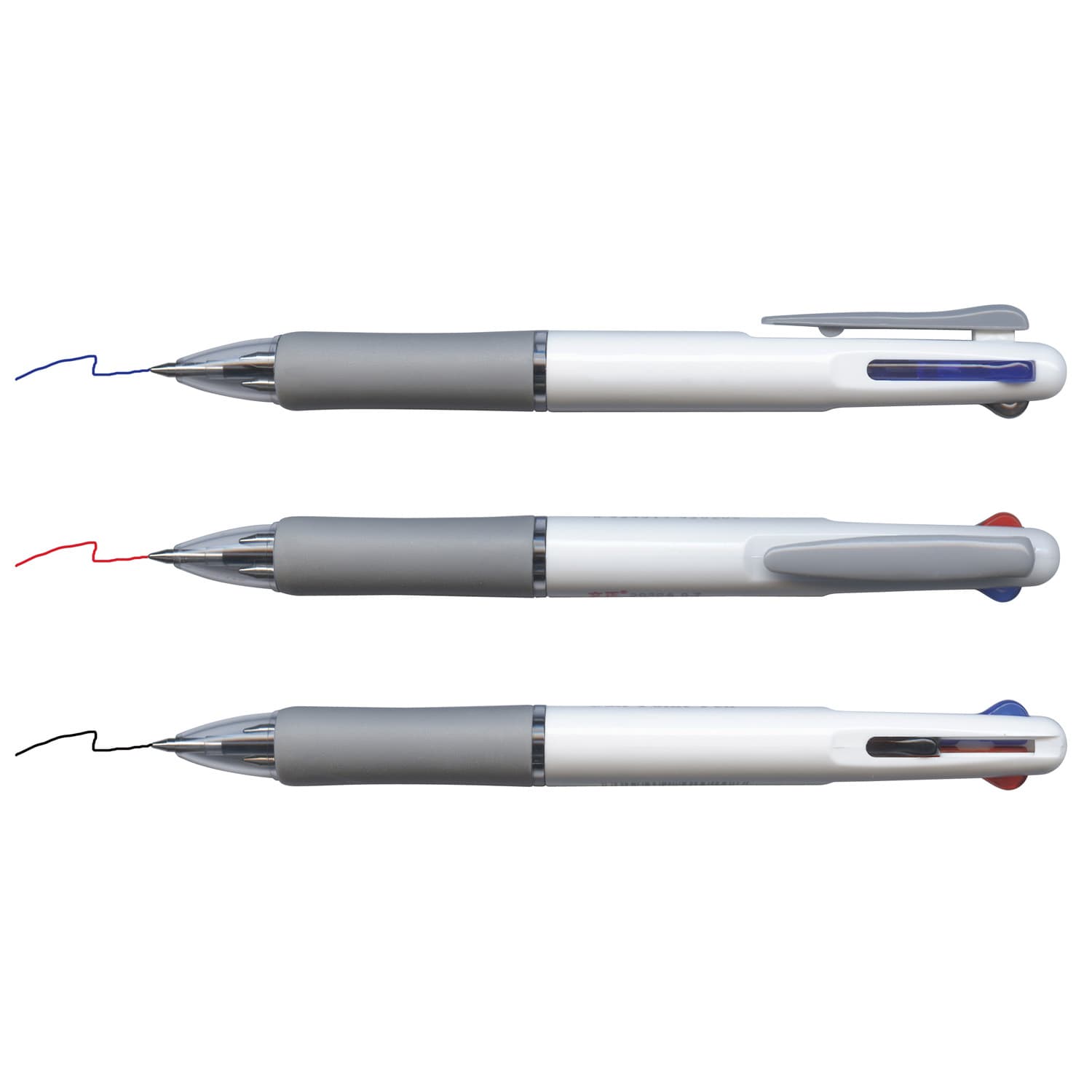 A multi pen featuring three colours: black, blue, and red, with grey grips and a clip for convenience. Multi Pen - Image 1