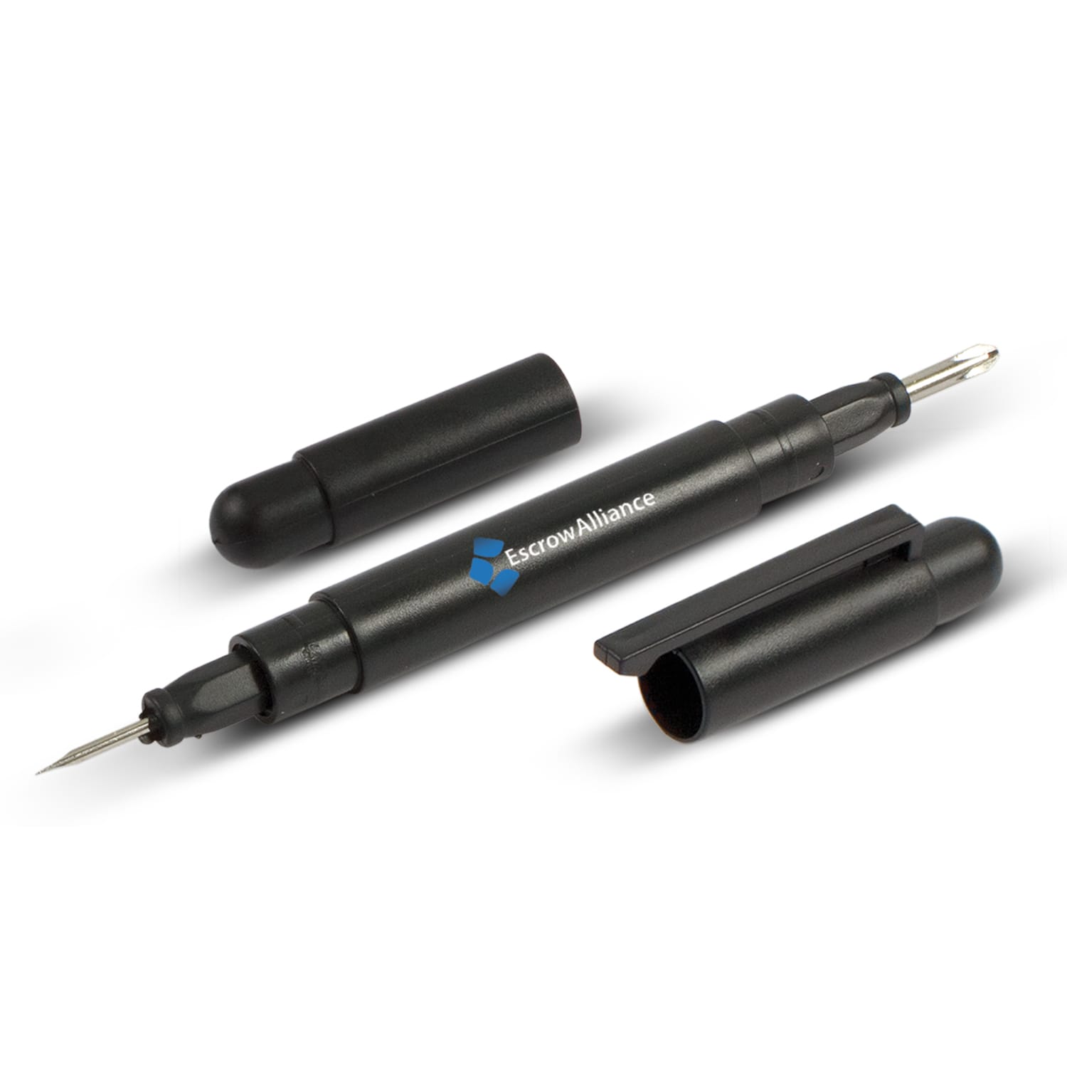 A pocket screwdriver with interchangeable heads and a keyring attachment, featuring branding on the body. Pocket Screwdriver - Image 1