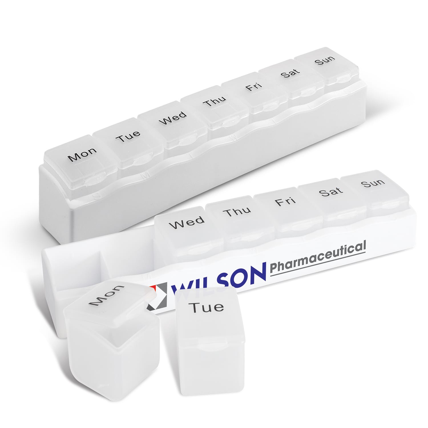 A medication organiser in white with compartments labelled for each day of the week and a logo. Medication Organiser - Image 1