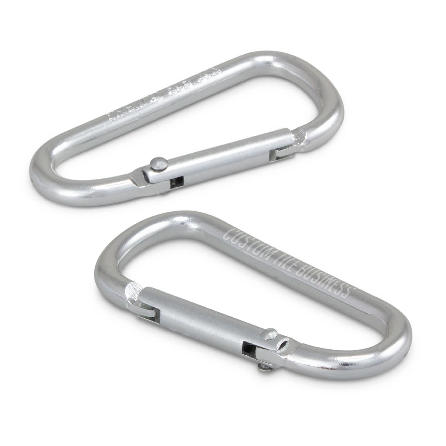 Two silver carabiners with a metal spring gate, featuring a logo on one side. Carabiner - Image 1