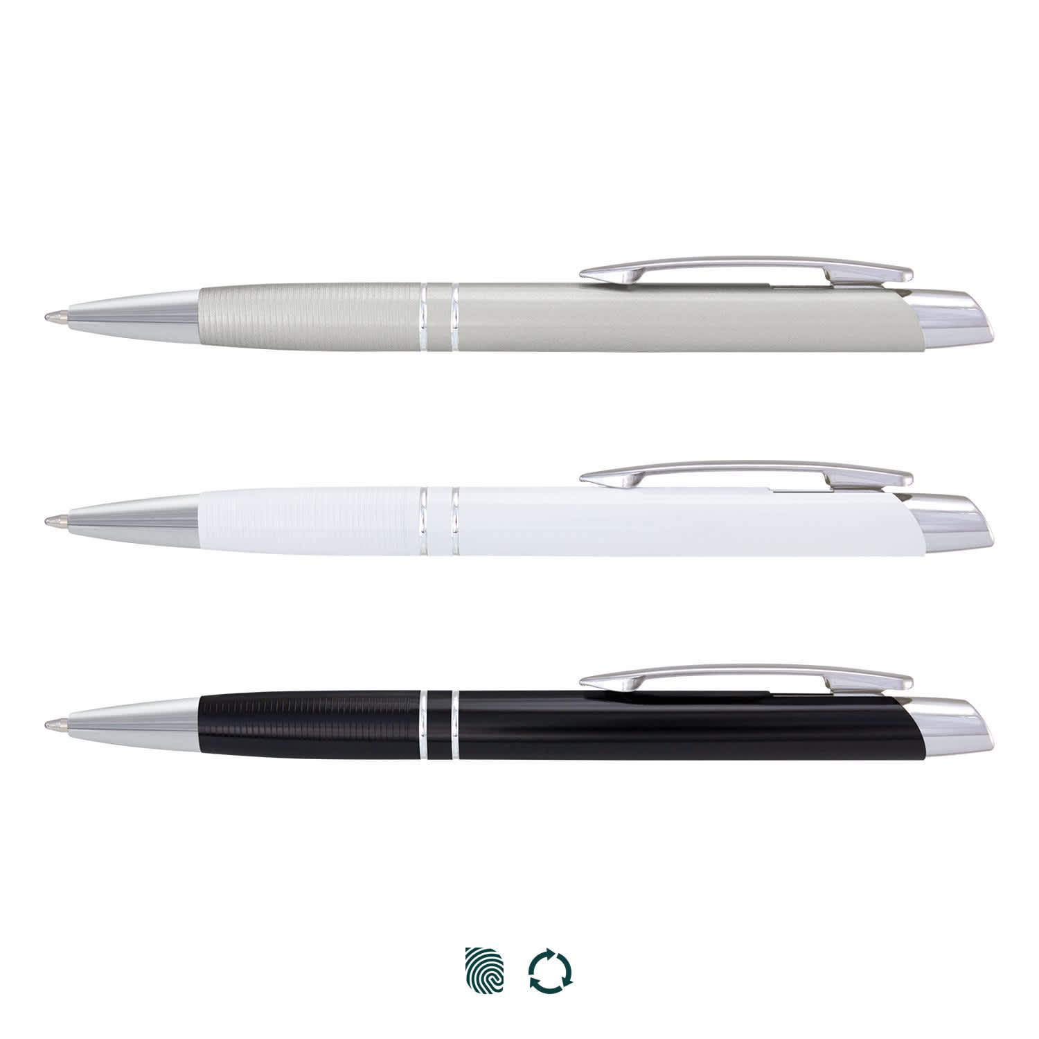 A set of three metal pens in grey, white, and black, each featuring a silver clip and accents. Martini Pen - Image 1
