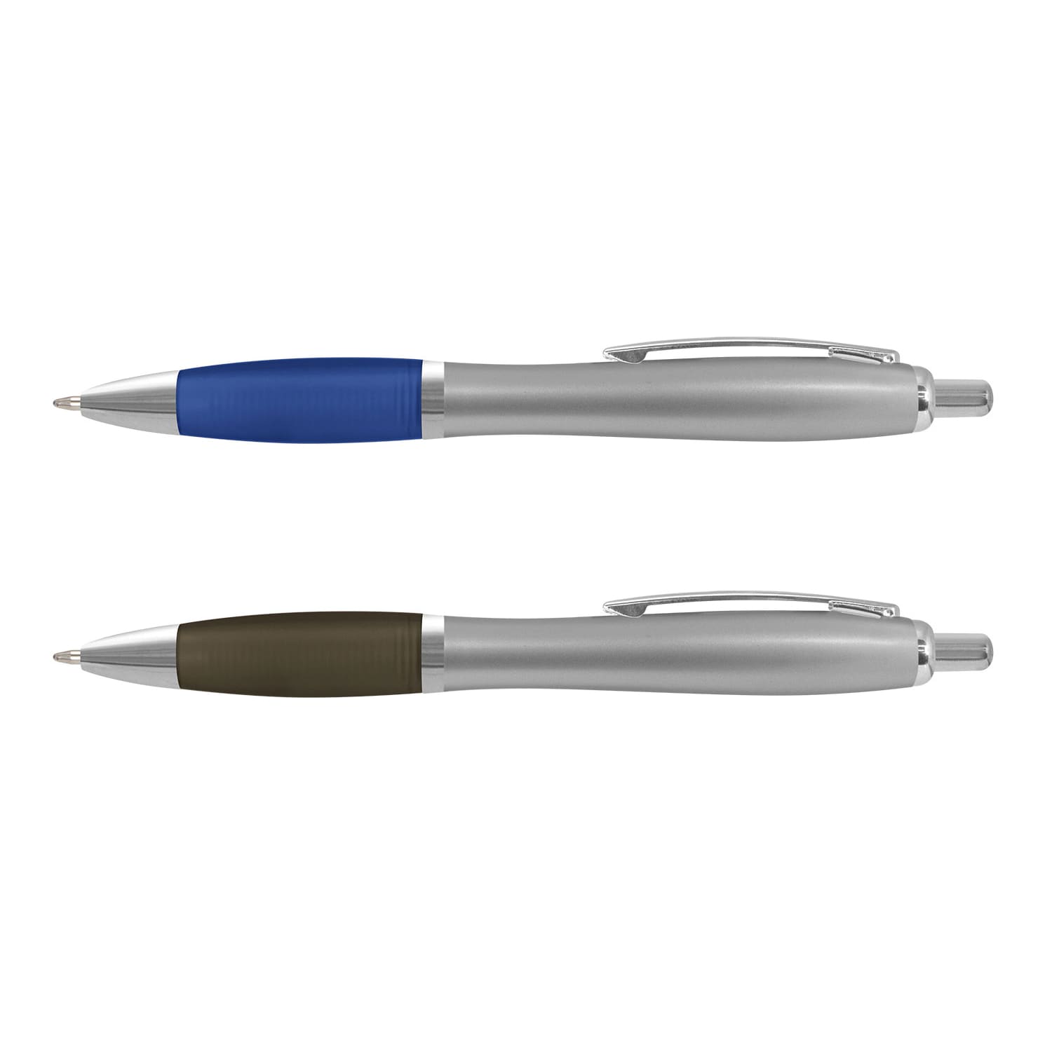 Two plastic pens, one with a blue grip and silver barrel, the other with a green grip and silver barrel, both featuring a logo. Vistro Pen - Classic - Image 1