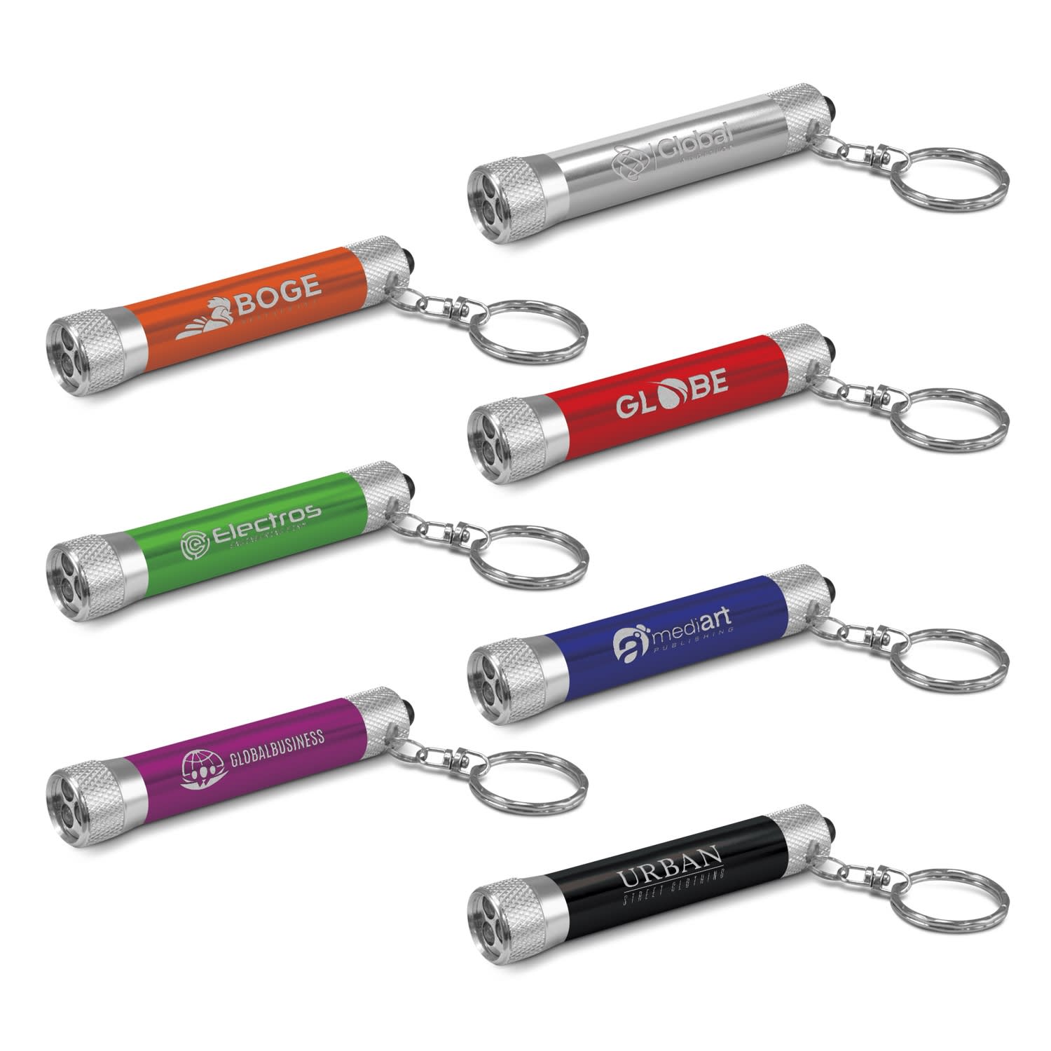 A collection of key ring torch products in various vibrant colours, featuring multiple logos on each item. Titan Torch Key Ring - Image 1