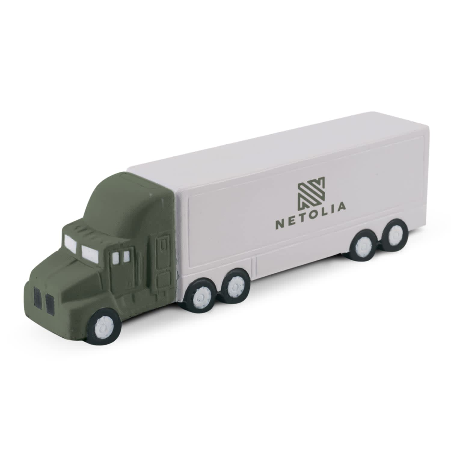 A stress toy shaped like a green and white truck, featuring a logo on the side. Stress Truck - Image 1