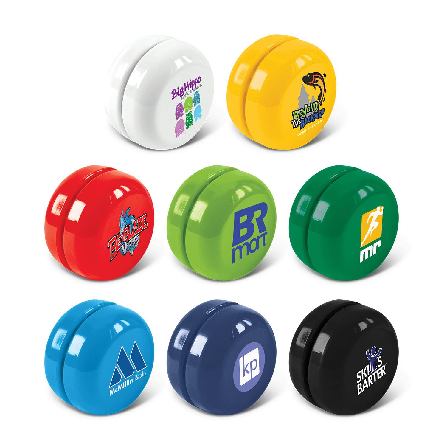 A collection of eight colourful yoyo toys featuring various logos and designs, arranged in two rows. Yoyo - Image 1