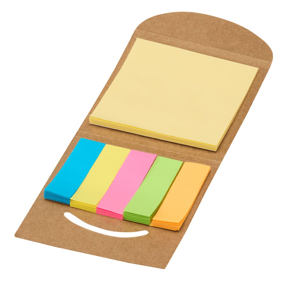 A pack of sticky notes in yellow, blue, pink, green, and orange, presented in a brown kraft folder with a logo. Freijo FSC Sticky Note - Image 1