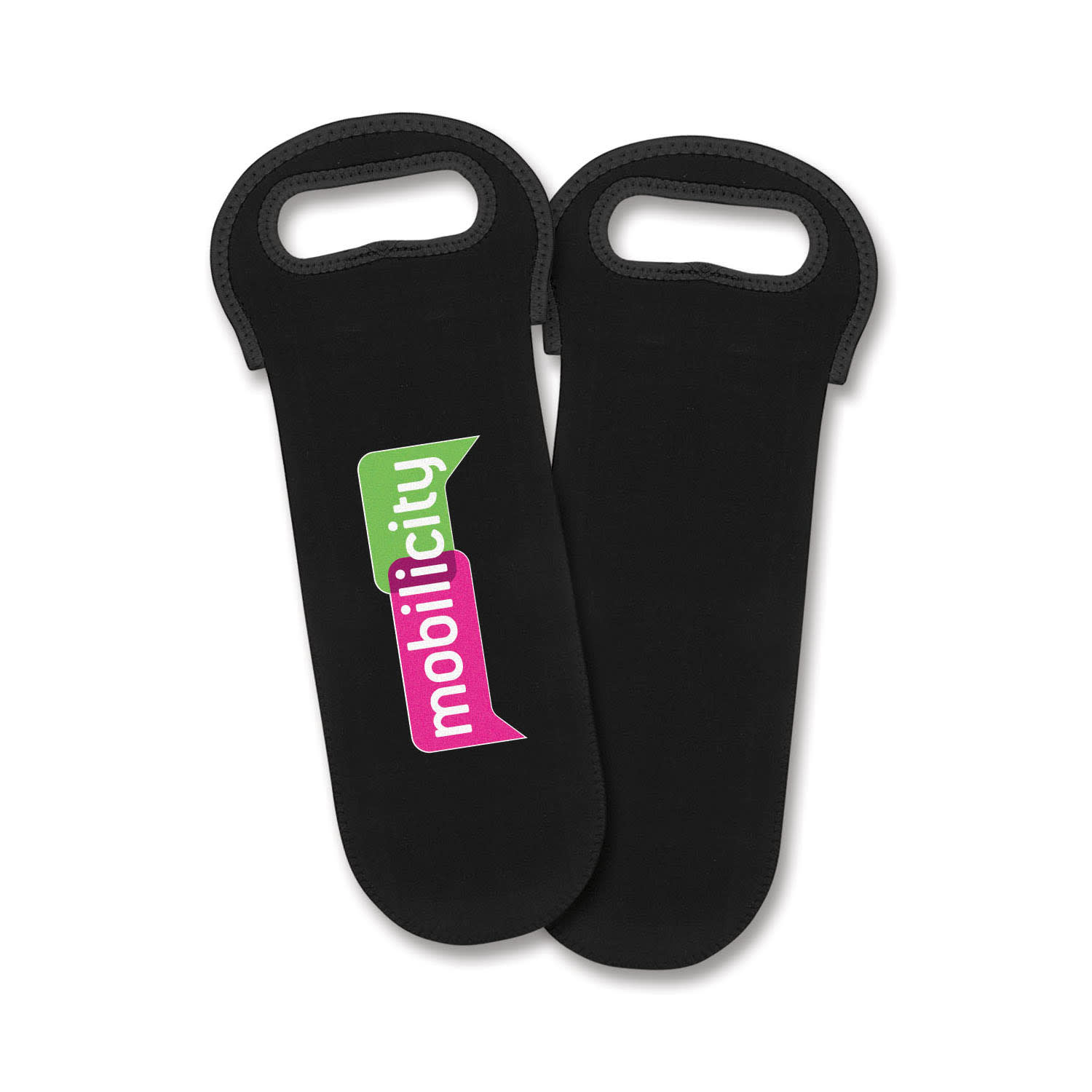 A neoprene wine cooler bag in black featuring a colorful logo. The bag has handles for easy carrying. Neoprene Wine Cooler Bag - Image 1