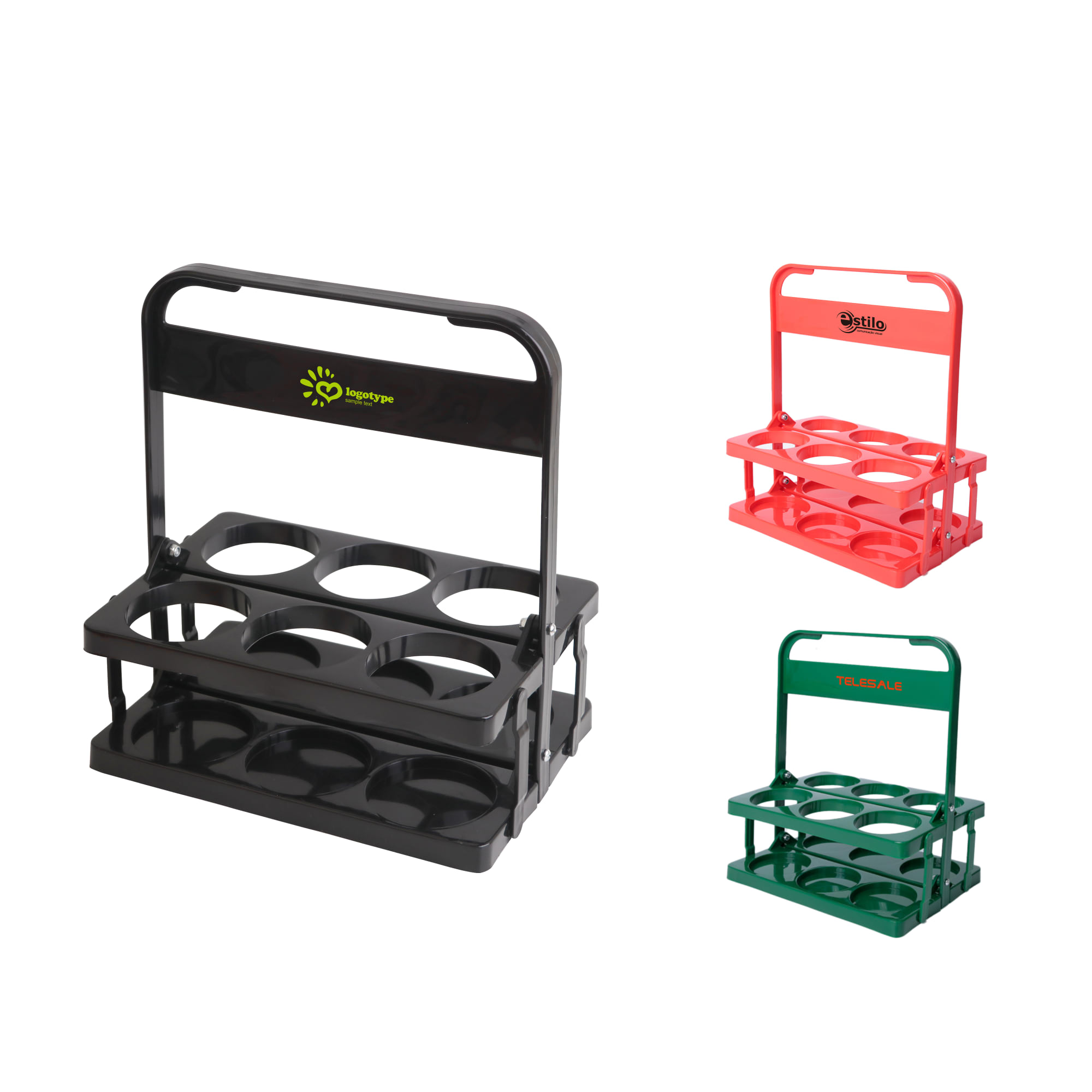 A foldable beer basket in black, red, and green, designed with multiple slots for drink bottles and a logo on each. Foldable Beer Basket - Image 1